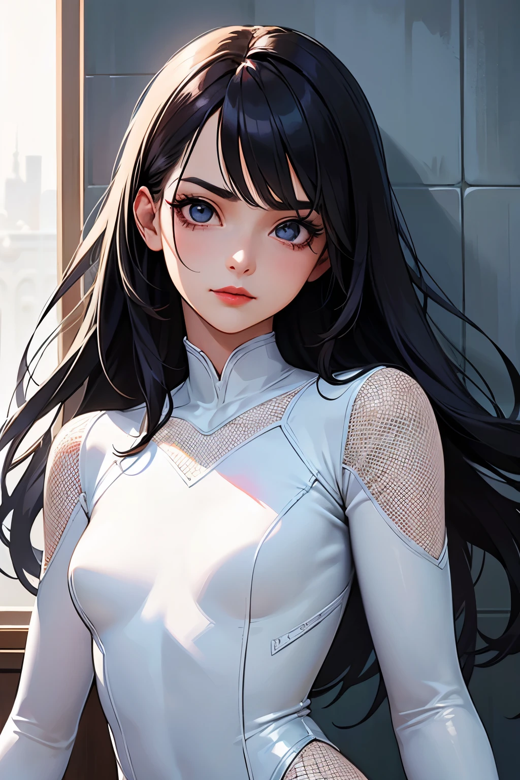 (highest quality:1.2), a -yeld girs standing in a powder room. a difficult expression on her face, front view, a photorealistic cute girl, beautiful face with sadistic smile, European face like a doll, heaviy make-up face, serious face, something sad face, close mouth, beautiful detailed eyes,fully open eyes, beautiful bloody red lip, her face looks a difficult expression, long black hair, cowboy shot, small breast, wearing long sleeve white leotard,tight-fitting and extra shiny white leotard, wearing white fishnet bodysuits。