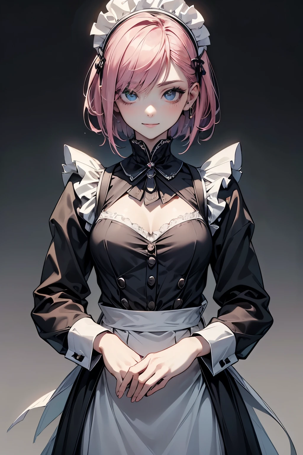 (best quality,4k,high resolution,masterpiece:1.2)With a monochrome touch,in a wasteland,detailed eyes,beautiful detailed lips,extremely detailed large eyes and face,long eyelashes, perfect anatomy, a 20-years-old maid with short pink hair is standing, holding a head-gear with her hands. Europian noble face,face with no emotion like a doll, tightly fitted outfit,black long-sleeved maid costume,wearing long skirt, small bust, wearing white tights, upper body portrait,beautiful face with vacant smile, large blank eyes, feels a blank expression.