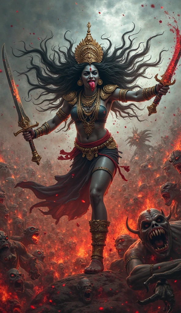 Here's a prompt to create an image of Goddess Kali with an aggressive and realistic look:
**Prompt:**
"Create a highly detailed and realistic image of Goddess Kali in her fierce and aggressive avatar. She should have dark blue skin, wild flowing black hair, and a necklace of skulls around her neck. Her eyes should be intense and glowing, with her tongue sticking out in a menacing expression. She holds a bloodied sword in one hand and a severed head in the other, with multiple arms spread out in a powerful stance. Her surroundings should be chaotic, with flames and smoke swirling around her, adding to the sense of danger and power. The image should capture the raw energy and fearsome nature of Kali, making her appear both divine and terrifying."
Let me know if you would like to generate this image!