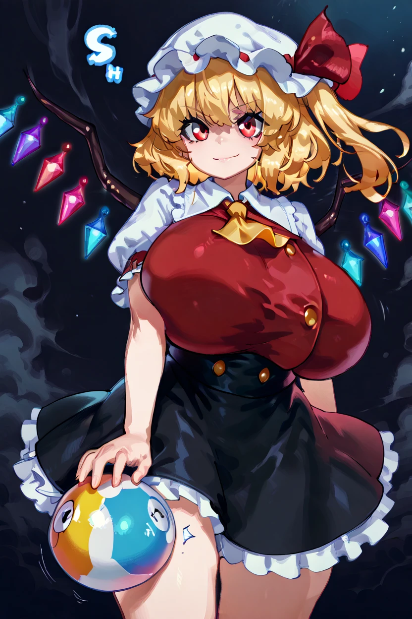 Flandre Scarlet, White Mob Cap, Red eyes, skirt set, Frills, center Frills, Huge breasts, Simple Background,