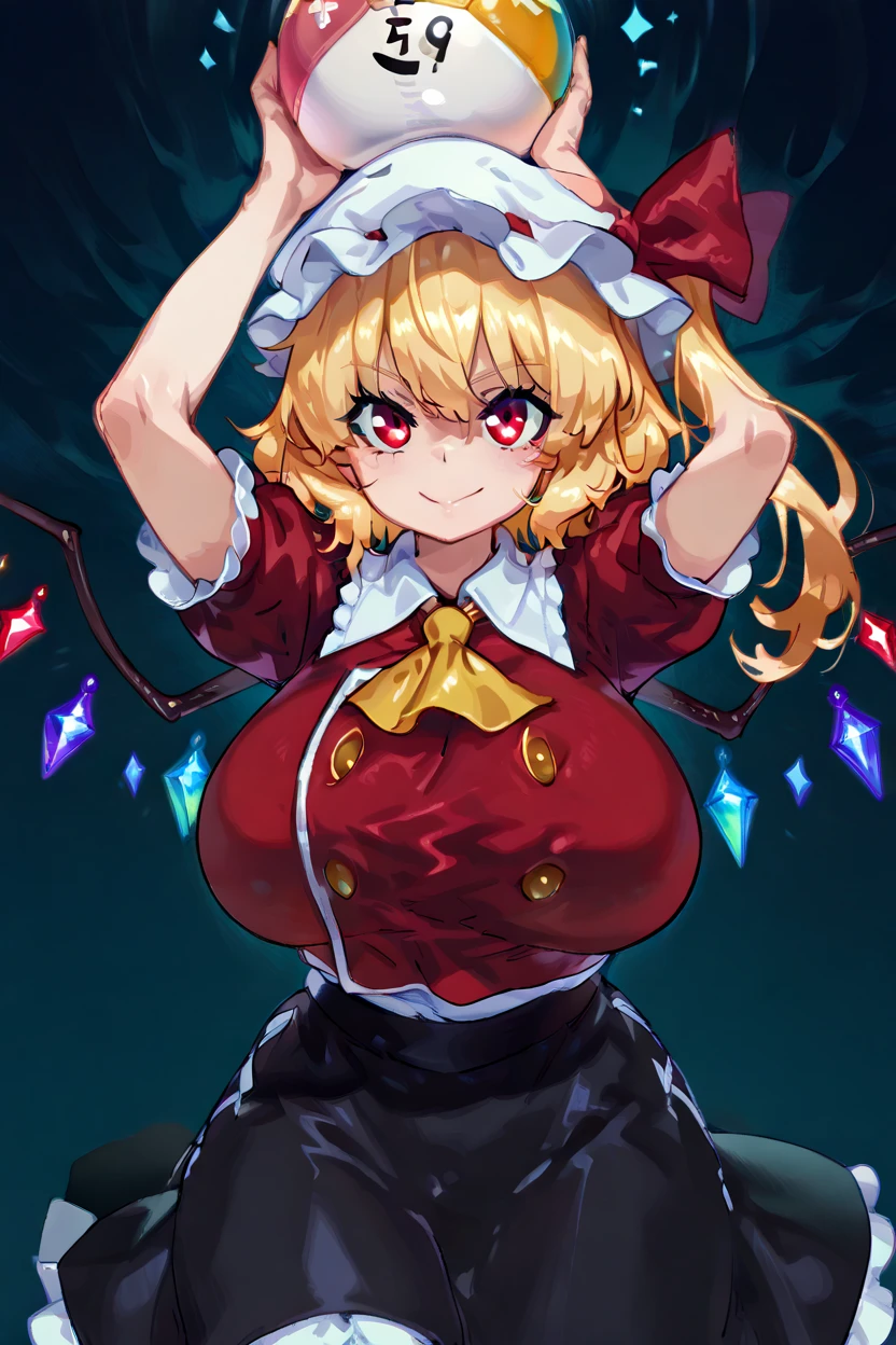 Flandre Scarlet, White Mob Cap, Red eyes, skirt set, Frills, center Frills, Huge breasts, Plump,Thighs,Simple Background,