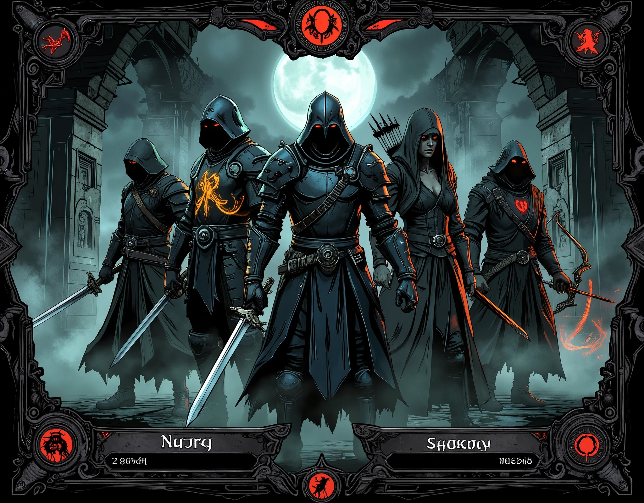 (masterpiece:1.2,high quality,Mirror Finish , Cinematic Experience , best illustrations , Super Detail),8k,16k,wallpaper( dark soul style :2.0 ),(Character selection screen:2.0),(ダークファンタジー RPGのCharacter selection screen:1.6),(The background is gothic ruins, glowing seals, and swirling fog,mysterious,Creepy),(5 diverse characters are standing in dramatic poses illuminated by an ominous light,A villain with a hood and holding double swords,Heavy Knight with a giant sword,光るmysteriousなルーン文字を持つ魔術師,Elf archer with a cursed bow,Shadow Necromancer who summons spirits),(UI decorated with dark carvings and crimson highlights:1.6),is written by,A firm line