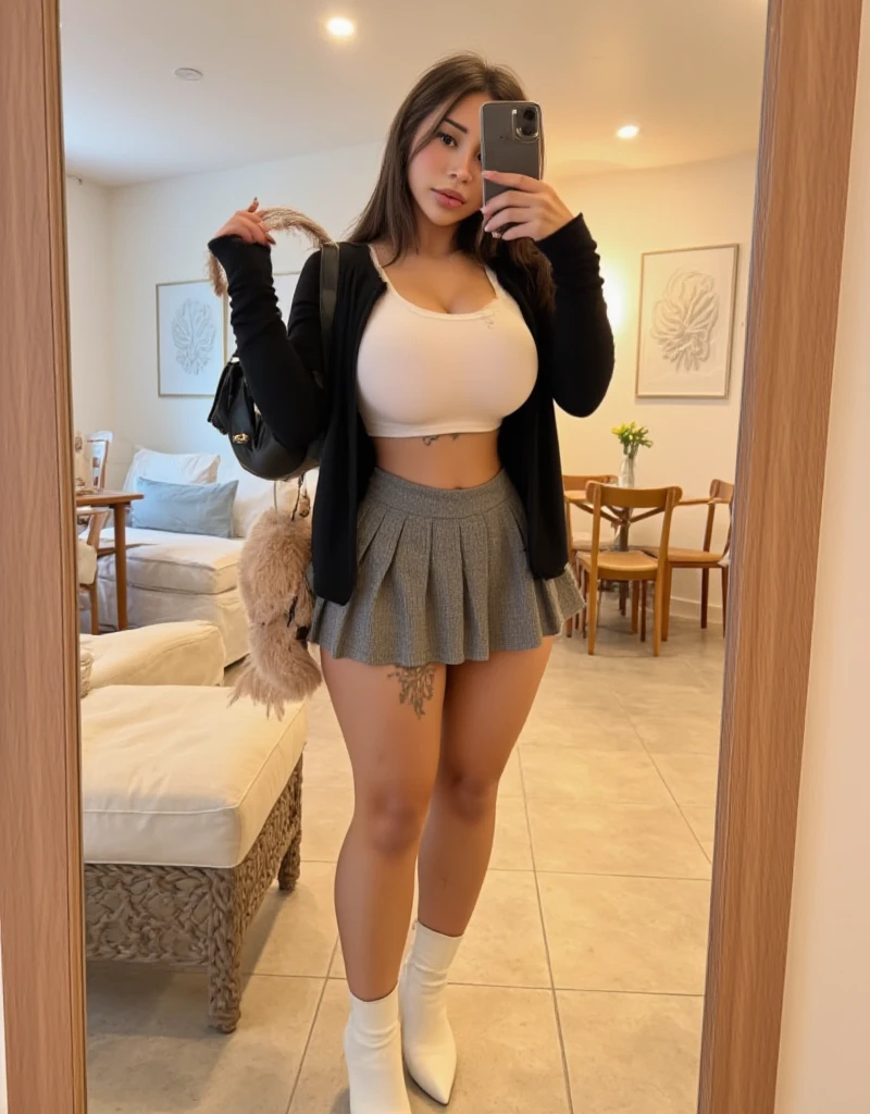 Arafed woman taking a selfie in skirt and high heels, 18 years, the extremely hot and sexy, 21 years, 16 years old, 22 years, captivating and tempting, 2 4 year old female model, full subject in shot, angelablanca, exposed thighs!!!, thick thighs, dressed as a schoolgirl, ((big breasts)), ((wide hips)), ((Thin waist)), ((big blue eyes)), ((She is wearing a green plaid micro miniskirt)), ((short white button blouse)), he looks at his navel, sexy cleavage, high platform heels