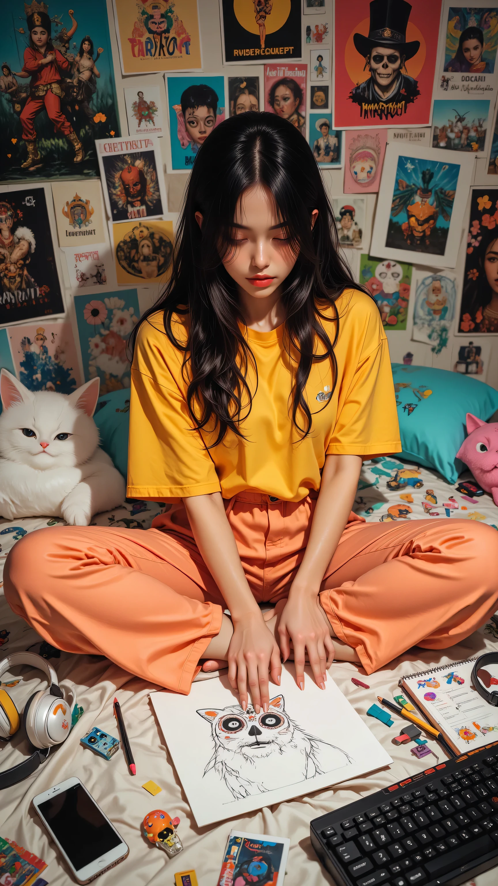 8k, Masterpiece, Top Quality, High-angle, woman, dark hair, peach-colored pants, yellow t-shirt, relaxed pose, drawing, colorful background, artwork, posters, photographs, stationery, bed, cat pillow, headphones, keyboard, sugar skull.