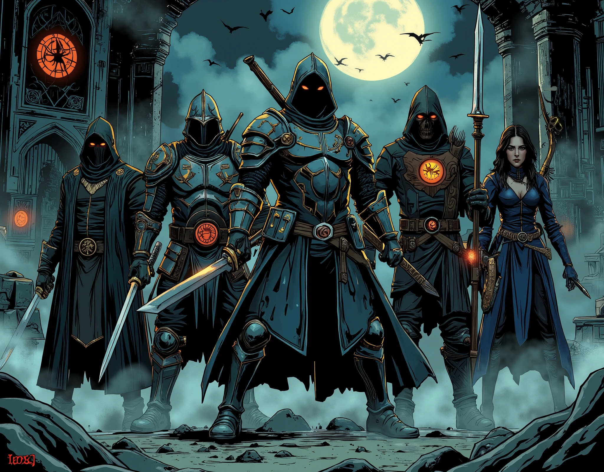 (masterpiece:1.2,high quality,Mirror Finish , Cinematic Experience ,  best illustrations , Super Detail),8k,16k,wallpaper( dark soul style :2.0 ),(Character selection screen:2.0),(ダークファンタジー RPGのCharacter selection screen:1.6),(The background is gothic ruins, glowing seals, and swirling fog,mysterious,Creepy),(5 diverse characters are standing in dramatic poses illuminated by an ominous light,A villain with a hood and holding double swords,Heavy Knight with a giant sword,光るmysteriousなルーン文字を持つ魔術師,Elf archer with a cursed bow,Shadow Necromancer who summons spirits),(UI decorated with dark carvings and crimson highlights:1.6),is written by,(Line Art:2.0)