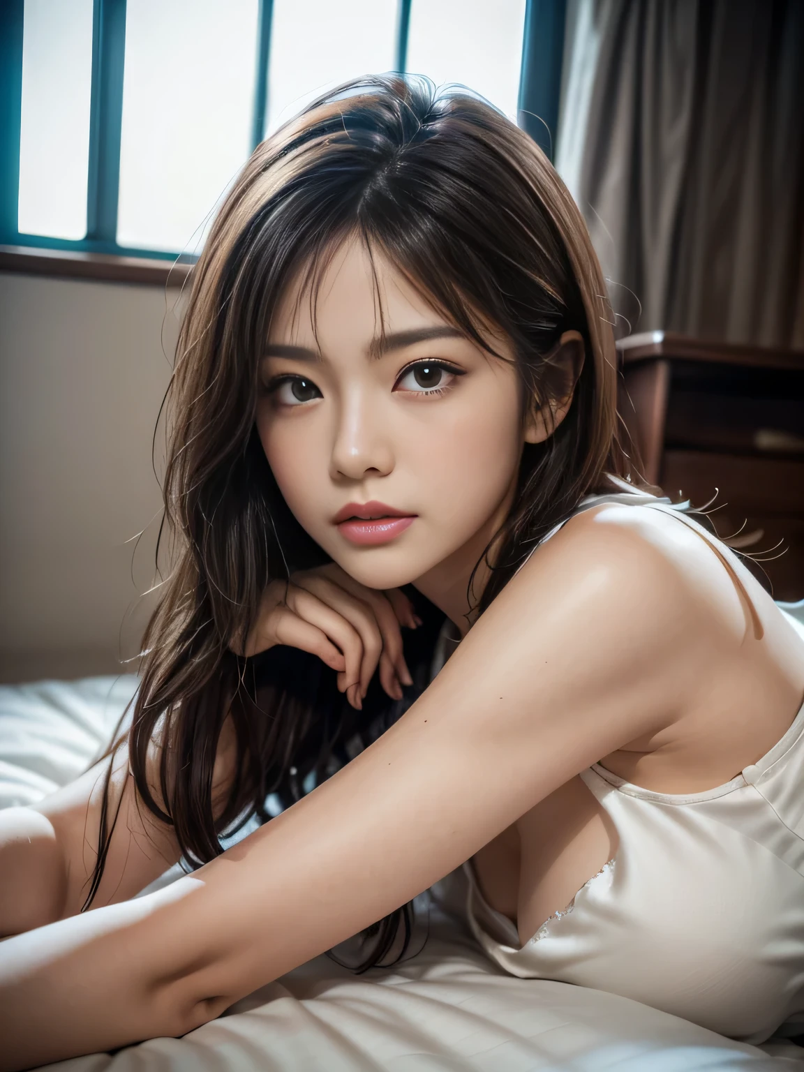 (top-quality:0.8)、(top-quality:0.8)、perfect anime illustration、Extreme close-up portrait of beautiful woman in white underwear relaxing in bedroom