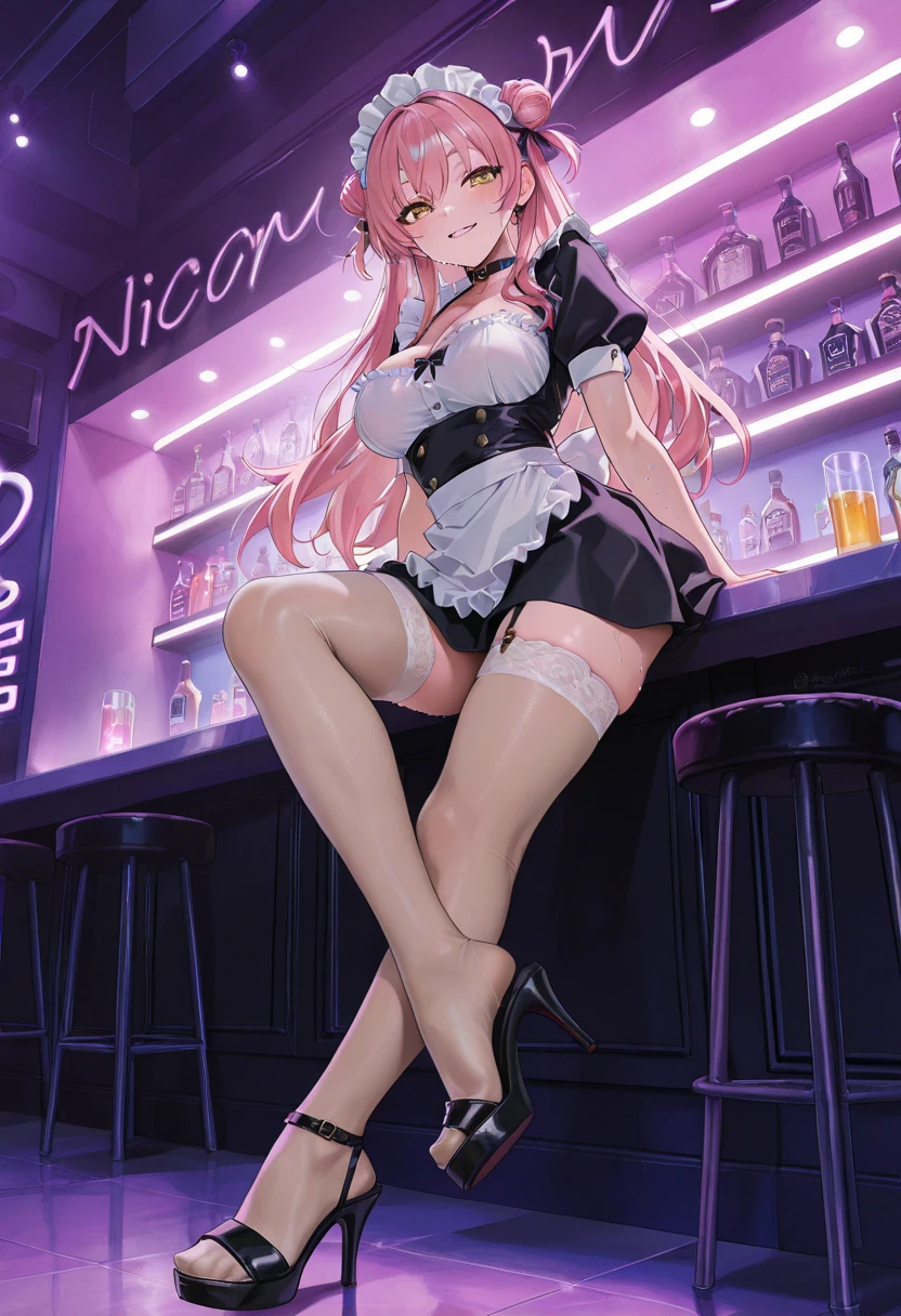 ((masterpiece, best quality)), High resolution, distinct image, (anime style:1.2), flat color, painting (1girl), (solo), (female Focus), dynamic pose ((nsfw)), smile, open mouth, (black bunny girl), (long hair), (pink double bun hair 1.2), (blue eyes), (eyelashes), Sparkling eyes, (Perfect eyes:1.2), (Perfect iris:1.2), (large breasts 1.3), Arms behind back, sitting on table, bar, pub, oficial art