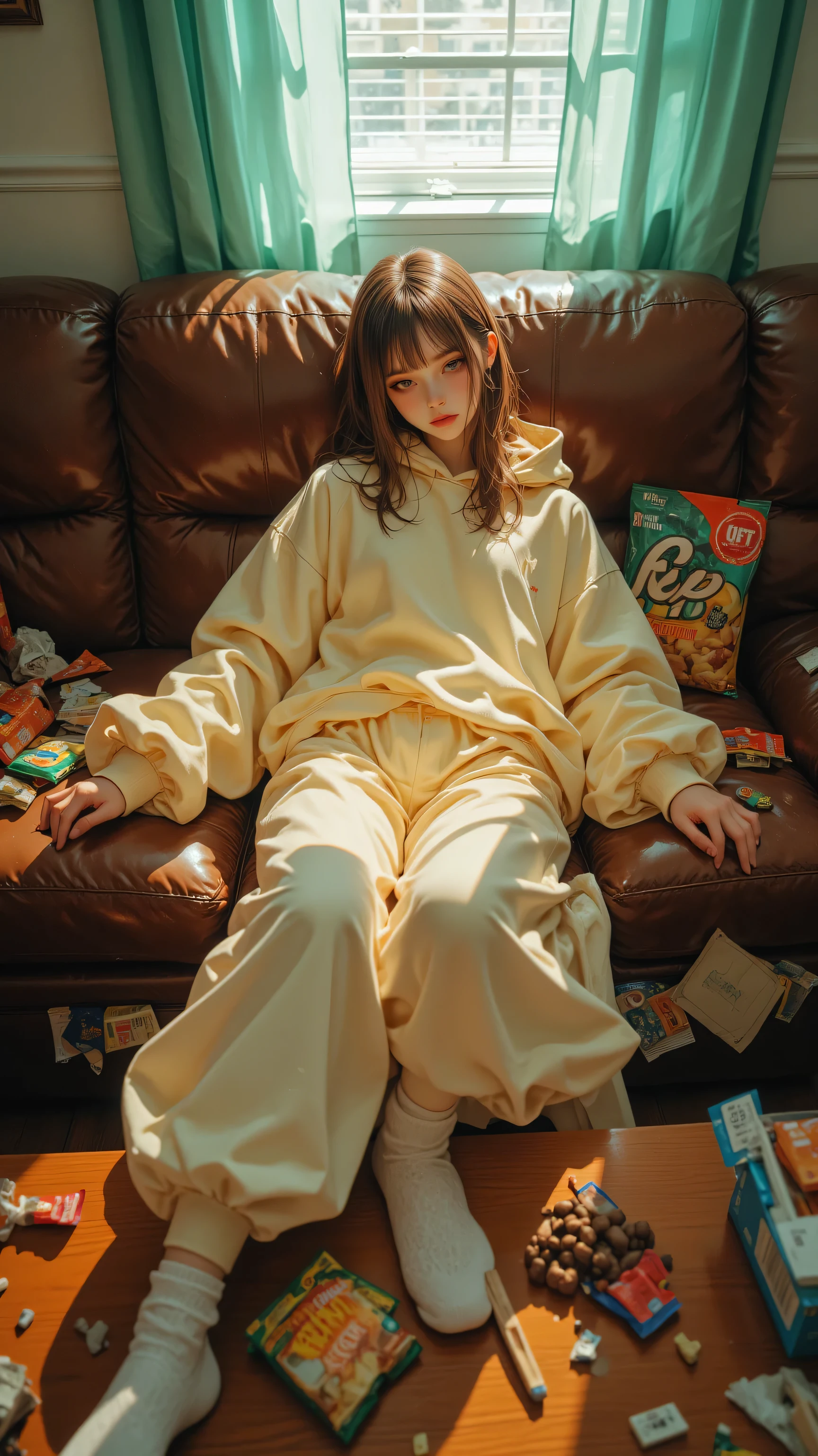 8k, Masterpiece, Top Quality, Elevated viewpoint. Shoulder-length light brown hair. Relaxed pose. Pale yellow oversized hoodie. White socks. Rich brown leather couch. Mint green blinds. Wooden table. Casual. Messy. Snack foods. Home environment. Living room.