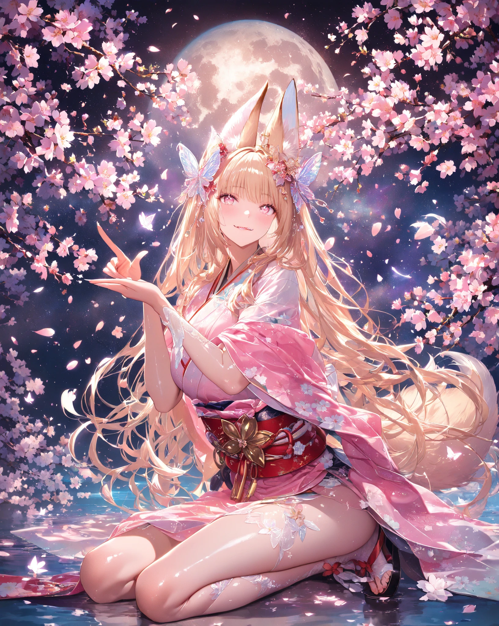 Alice from Wonderland in a cute anime style, with long flowing dark blonde hair, standing confidently in front of a fantastical, whimsical background reminiscent of Wonderland. She is wearing an enchanting kimono reminiscent of a Japanese oiran or geisha, with intricate patterns and vibrant colors, primarily in dark shades of cherry blossom pink, giving her an elegant yet demure appearance. Her outfit is elegant and traditional, emphasizing her feminine curves, particularly her chest and wide hips. Alice's pose should be reminiscent of a traditional oiran, exuding grace and allure, with a touch of modesty. Her companion is an adorable white rabbit dressed in a tuxedo, acting as a guide and jumping around playfully. The background should be richly detailed, with elements such as playing cards, chess pieces, round mirrors, and pocket watches to enhance the Wonderland atmosphere. The image should have an extremely high level of detail and delicate line work, surpassing previous limits to create the ultimate masterpiece, portraying Alice as a cool, stylish character with a unique blend of traditional Japanese beauty and fantasy elements. 