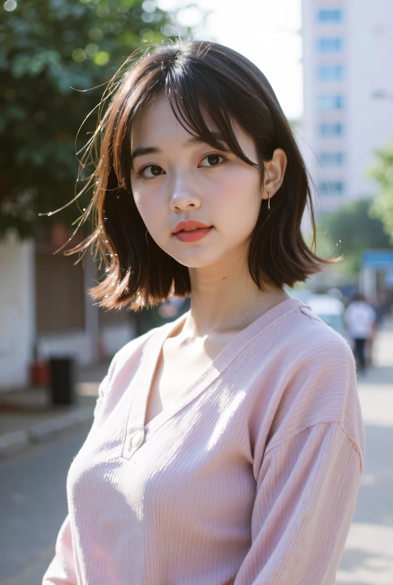 (8KRAWpictures, best quality), ((masterpiece)), Ultra High Definition,, membrane,( 20 years old, Narrow Face, 1 girl, Long Lashes, Eye Enhancement), natural skin texture, perfectly balanced face, realistic eyes and face details, lipstick, (makeup),((Long sleeve knit,miniskirt)), red eyeshadow, perm, FLUFFY SHORT HAIR , tousled hair, smile, close your mouth, beautiful legs, tall woman, skinny, Read more, Alone, (street, detailed background), Busty , to shoulders background, to shoulders, brown hair, bungs, parted lips, is written by