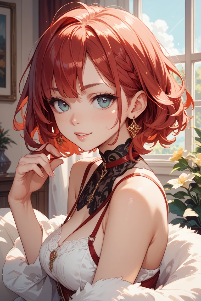 ((Highest quality, 16K, masterpiece: 1.3)), (Very delicate and beautiful face), (Beautiful eyes in every detail),(Embarrassing), Redhead, Orange Hair, Wellie Art Style, One girl, blush, Upper Body, Highly detailed eyes,  clavicle, Frill dress, Open your mouth