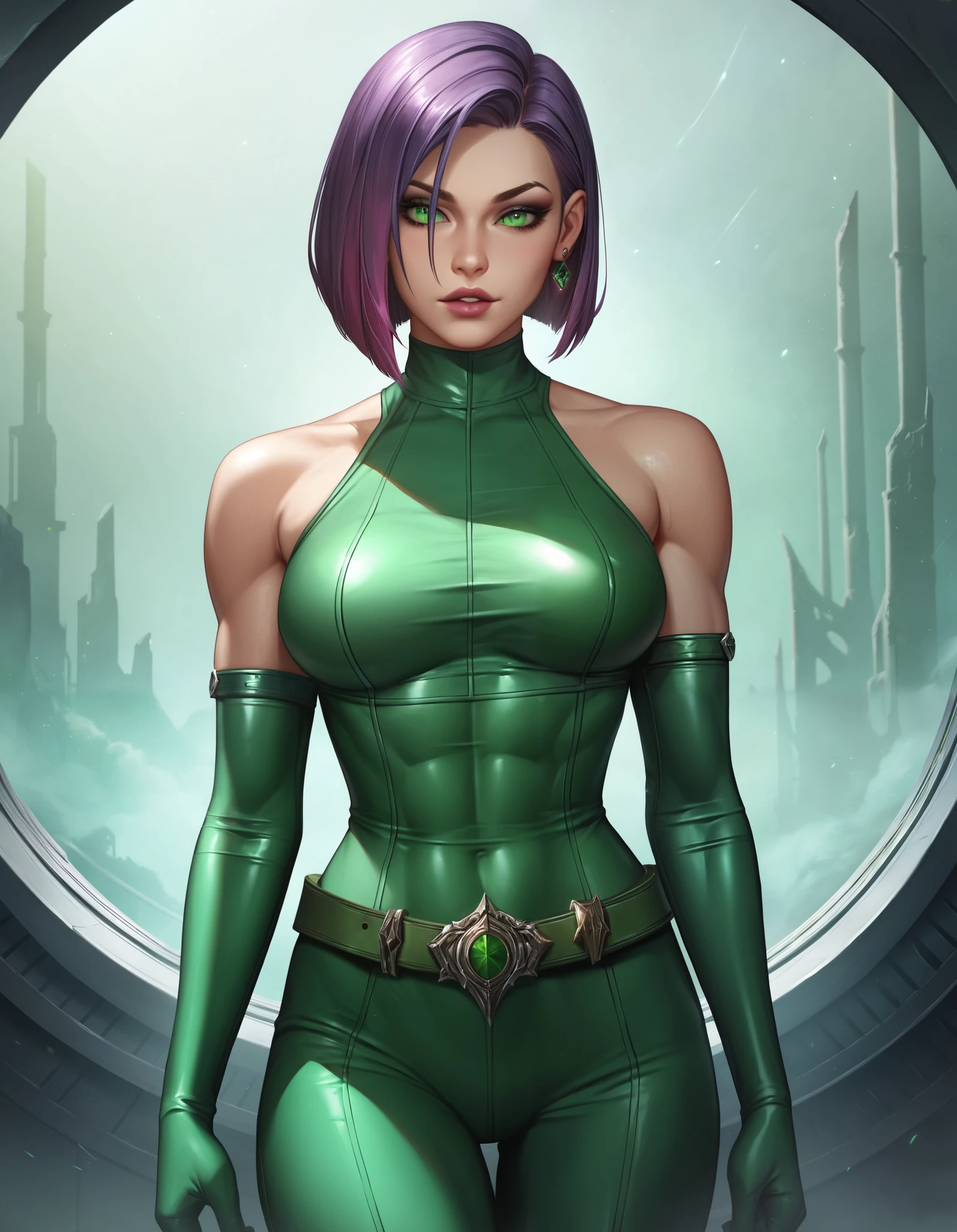 Uranus,aqua hair,green eyes,03,chain ponytail, short hair,
dark bodysuit,cleavage cutout,elbow sleeves,wrist cuffs,
looking at viewer,upper body,serious,
rooftop,cityscape,rails,night,
(insanely detailed, masterpiece, best quality),solo,<lora:Uranus-10BRv8:0.8>,