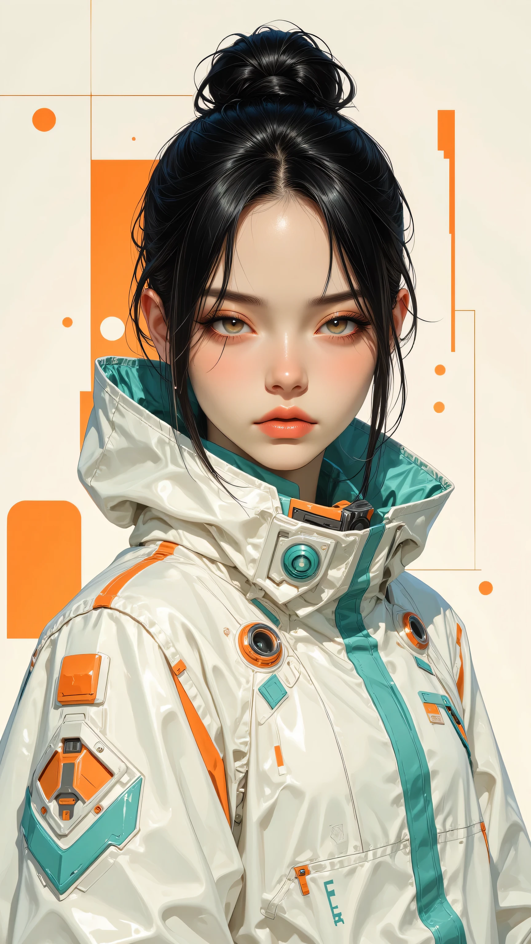 8k, Masterpiece, Top Quality, Close-up, frontal viewpoint.  Dark hair, bun, serious expression, youthful features. Futuristic, white jacket, orange, teal accents, geometric shapes, high collar. Composed pose, slightly angled.  Off-white background, geometric shapes, orange, teal.
