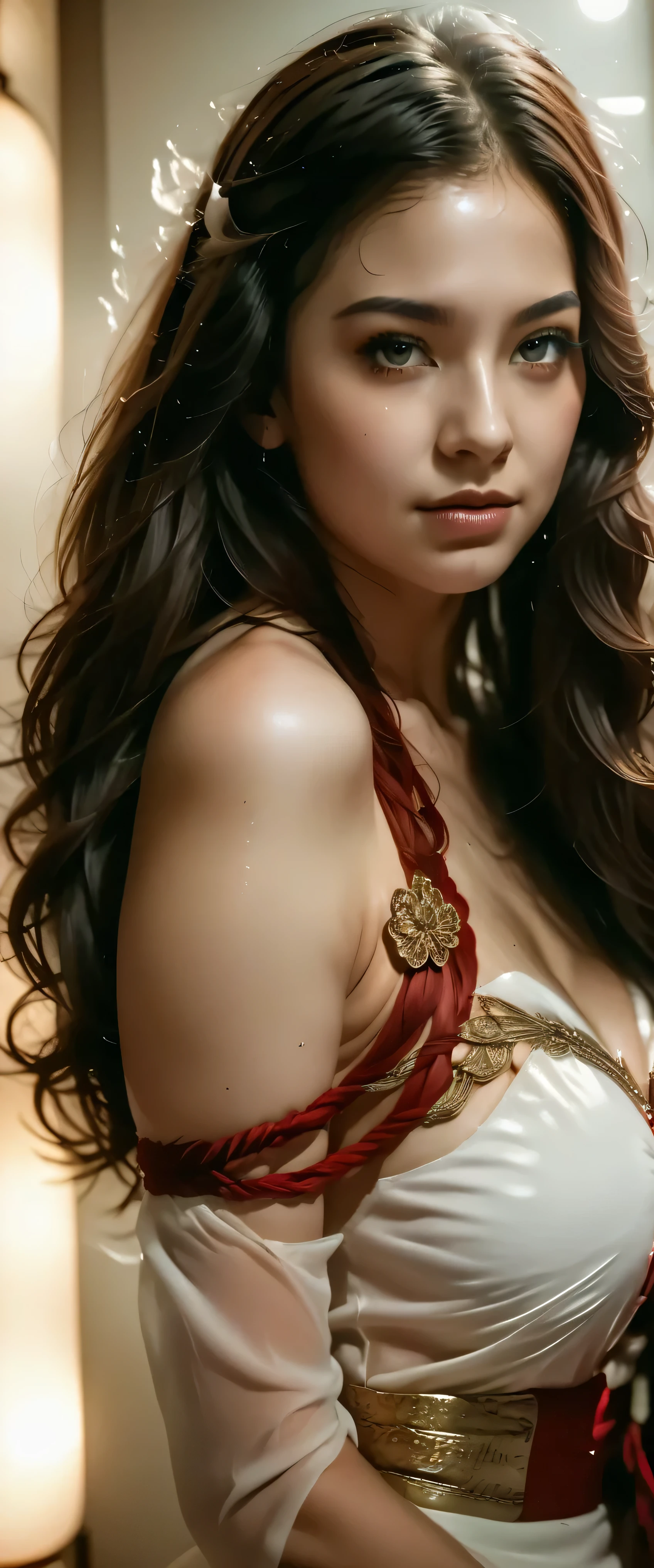 Detailed, artistic portrait of a kinkabu woman, beautiful facial features, serene expression, elegant posture, long flowing hair, traditional kinkabu attire, ornate jewelry, warm ambient lighting, photorealistic, 8K, highly detailed, vibrant colors, cinematic lighting, award-winning digital art