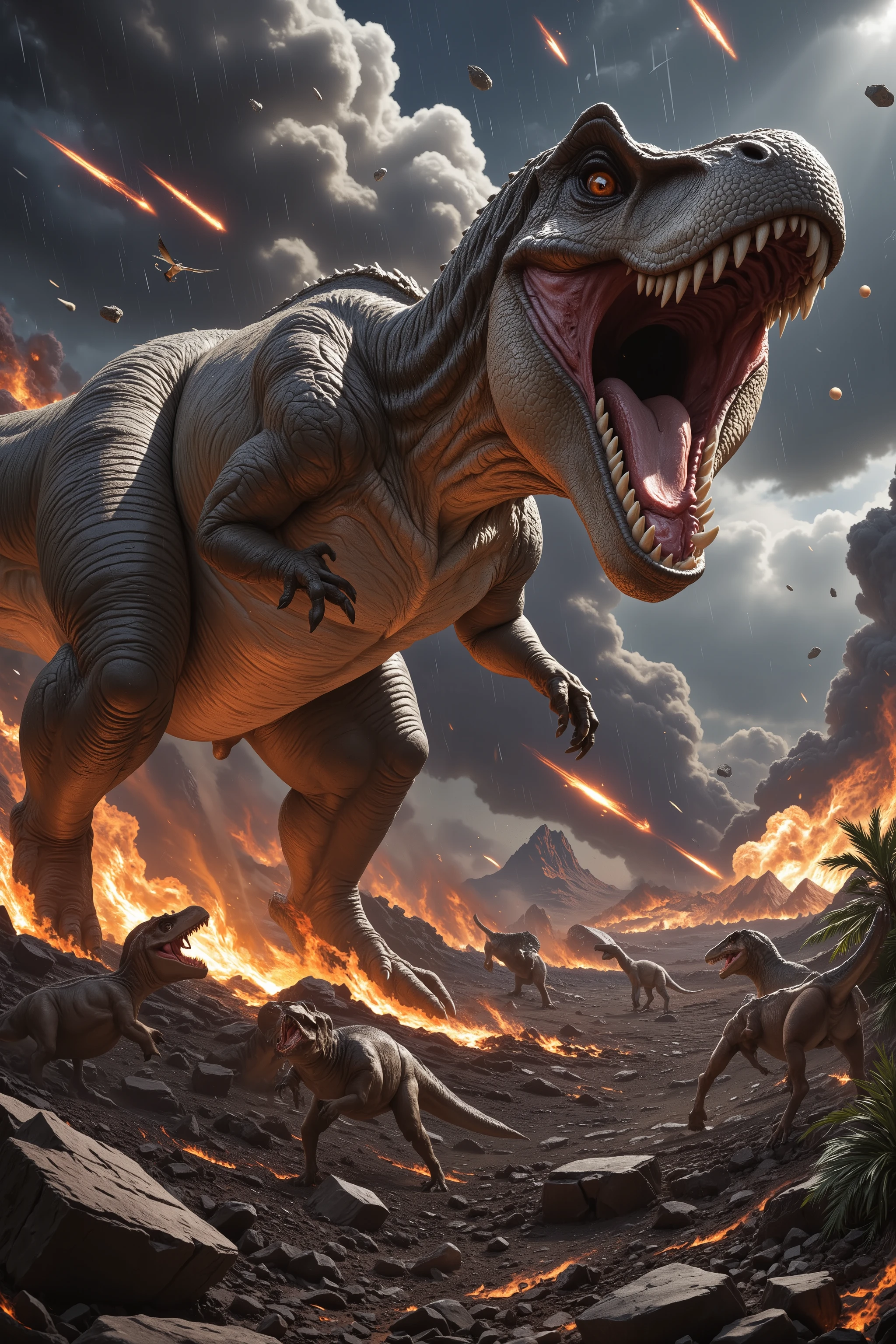 A chaotic and intense scene of dinosaurs stampeding as a meteor shower rains fiery destruction from the sky. A T-Rex roars defiantly amidst the chaos, while panicked herbivores like stegosaurus and iguanodons race across a scorched plain. Pterodactyls screech as they dive to avoid incoming meteors, and ankylosaurs use their armoured tails to fend off falling debris. The landscape is ablaze with fiery craters, creating a dramatic and apocalyptic atmosphere.