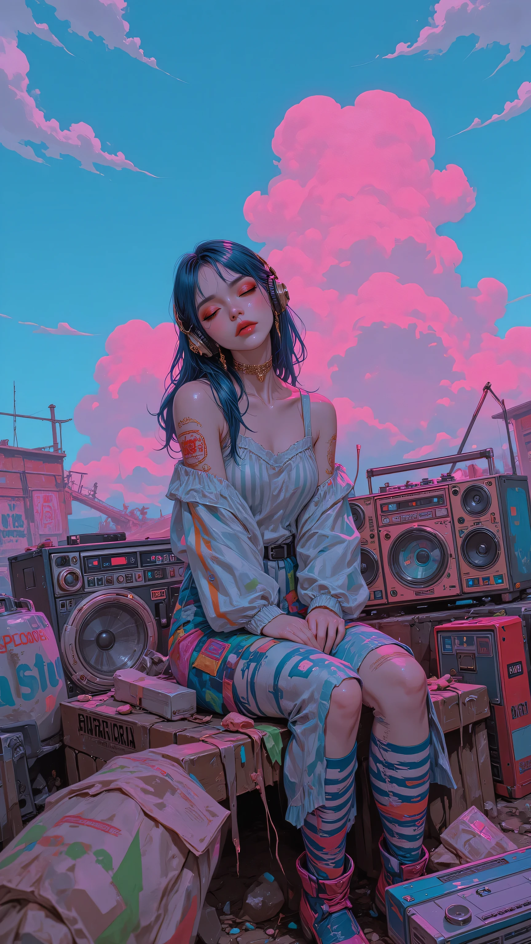 8k, Masterpiece, Top Quality, High-angle, slightly three-quarter view. Dark blue hair, closed eyes, pale skin, strong cheekbones, bold makeup. Striped top, multicolored skirt, ripped tights, large headphones, gold jewelry. Relaxed, contemplative pose, seated. Stylized sky, pink and blue clouds, vintage boombox.