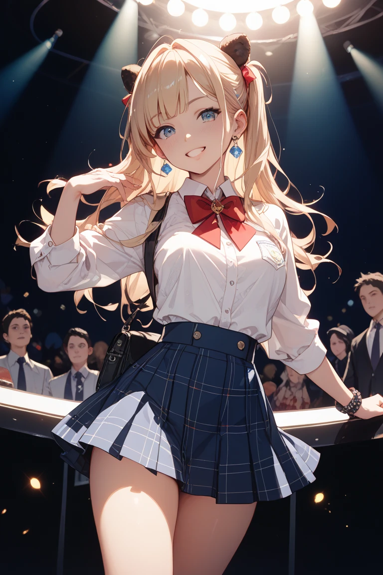 akizuki airi. oni chichi, masterpiece, highest quality, Very detailed, figure, Flat Color, Depth of written boundary, , , 1 girl, young, anime, Returning Home, full length, blonde, Twin tails, Looking at the audience, red pleated mini skirt, Wet white button-down shirt, , serafuku, Blue tie, black tights, See-through underwear,Small backpack, Fine leather texture, Detailed fabric texture, Beautifully detailed face, blue eyes, A light smile, Pink Panties