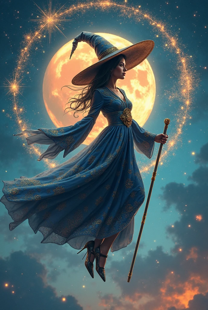 ((masterpiece:1.2, best quality)), 1girl, solo, (witch hat), blonde hair, long hair, dress, aurora, night, star (sky), gloves, sky, white dress, night sky, open mouth, starry sky, blue eyes, ribbon, very long hair, red dress, smile, hair ribbon, cape, blue hair, (bird), magic, casting spell, dark clouds, night, (impressionism:1.4), (tarot:1.3), alphonse mucha,