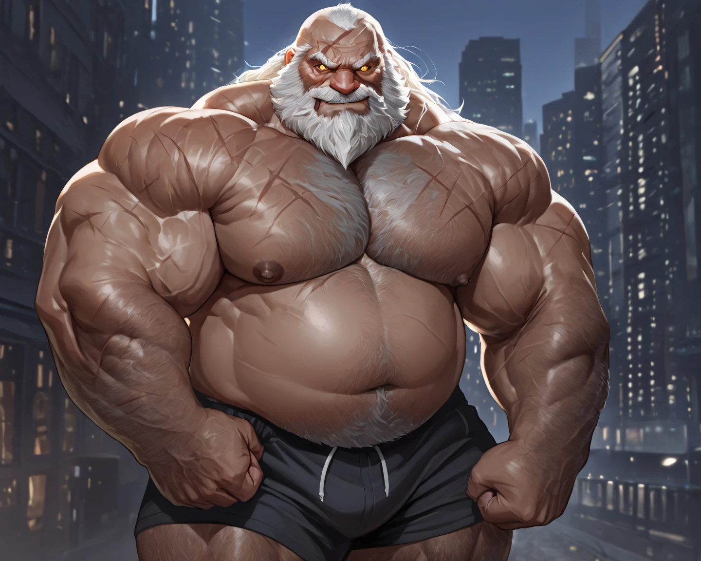 Wide medium shots, ground level camera shot, (best quality,4k,8k,highres,masterpiece:1.2),ultra-detailed,(realistic,photorealistic,photo-realistic:1.37),((massive muscular)) ((huge Muscular)) old man standing in City night, shorts , white hair, super thick arms, super big pectoral, super wide pectoral, topless, shirtless.