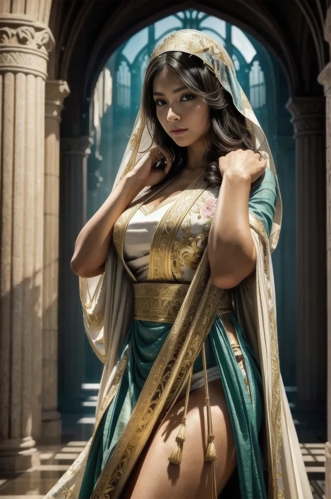 RAW, Best quality, high resolution, masterpiece: 1.3), beautiful javanese queen in hijab showing cleavage in sexy bellydancer highslit,Masterpiece, Soft smile, choker, (((colorful))) (8k Very Detailed CG Unit Wallpaper), (Best Quality), (Best Illustration), (Best Shadow), (Detail: 1.4), 3D, HDR (High Dynamic Range), Ray Tracing, NVIDIA RTX, Super Resolution, Subsurface Scattering, PBR Texture, Post Processing, Anisotropic Filtering, Depth of Field, Maximum Sharpness and Acutance, Multi-layer Textures, Albedo and Highlight Mapping, Surface Shading, Accurate Simulation of Light-Material Interactions, Perfect Proportions, Octane Rendering, Two-tone Lighting, Wide aperture, low ISO, white balance, rule of thirds, 8K RAW, intricate detail, fine pattern, deep shadows, masterpiece, realism, roughness, ultra-realistic, shot on Canon EOS R5, 50mm lens, f/2.8, sharp focus, smooth, roughness, real life, realism, photography, 8k ultra hd,