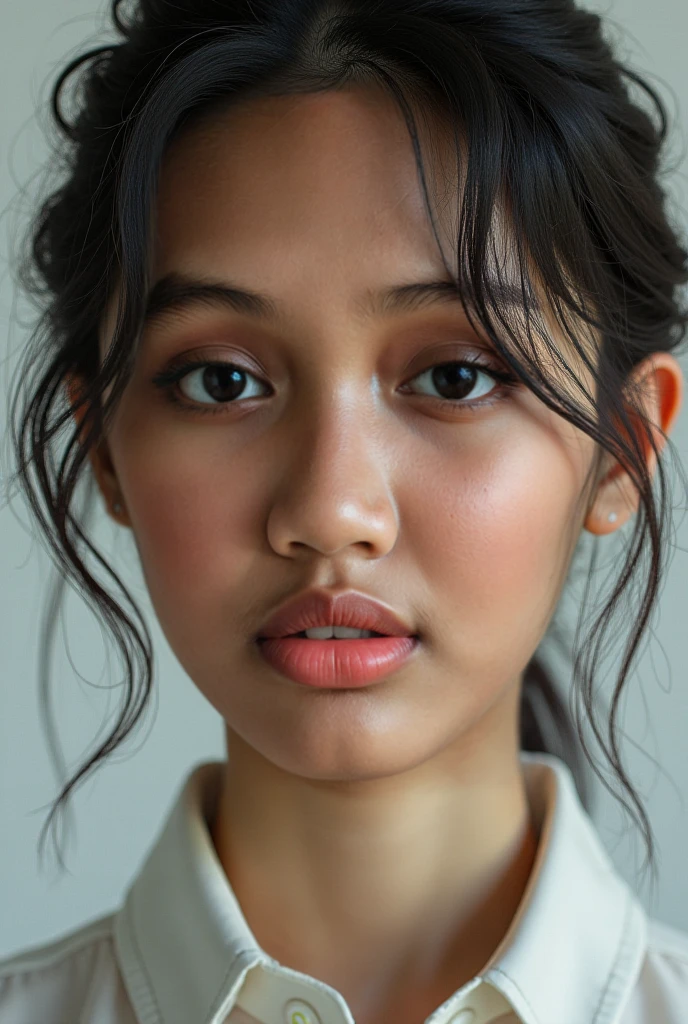 ultra photorealistic image of one Thai high school student, (her head is tilted back displaying a mouthful of semen:1.4), (semen is splattered across her face:1.4), she has long straight black hair and light blue eyes with luscious mascara and long eyelashes, (large 34C breasts:1.4), (:1.4), slim, slim oval face, sitting in a classroom, nice smile, small gold hoop earrings, looking at camera, (facing camera:1.4), ultra-high resolution, (photorealistic: 1.4), high resolution, (finely detailed skin), (perfectly proportioned) (photo realistic) (masterpiece) (photorealistic), ultra realistic (Best Quality) (Detailed) photographed in a Canon EOS R5, 85mm Lens, F/2.8, (8K) (Wallpaper), focus on face,