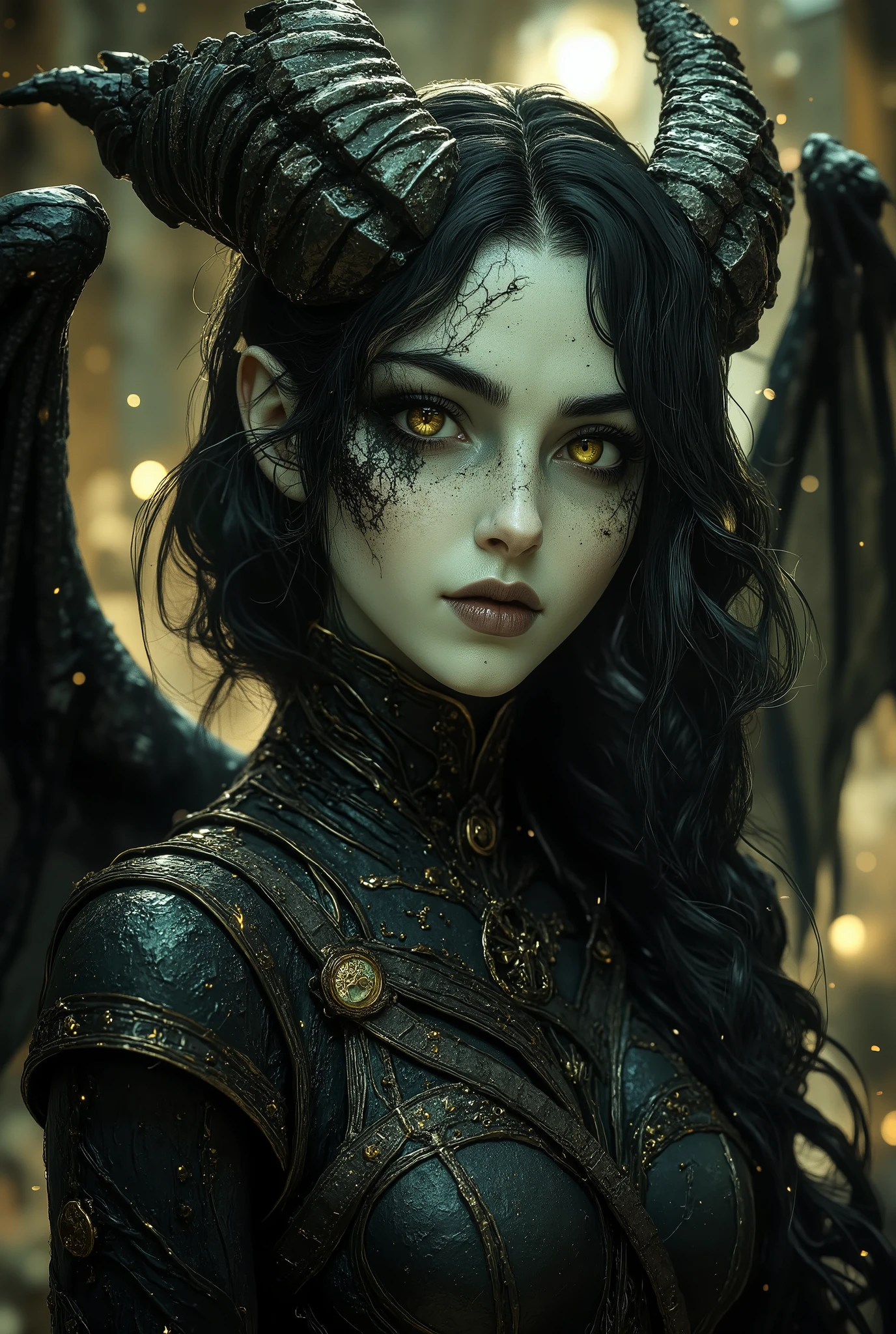 Necromancer girl. very white skin , long black hair. instead of the eyes of a hole into impenetrable darkness, the whole sclera is black, darkness in place of the eye sockets. veins are grey, like her blood is black. mocking facial expression , black lips, No makeup , aristocratic face. physique like a ballerina, looks fragile, but actually clever and pretty sturdy. high, with a small, strong round chest. Wearing a wanderer's travel suit. Black bone blades on the belt. Bone and dark metal jewelry. fantasy setting. Behind her is a black skeleton with burning green eye sockets.