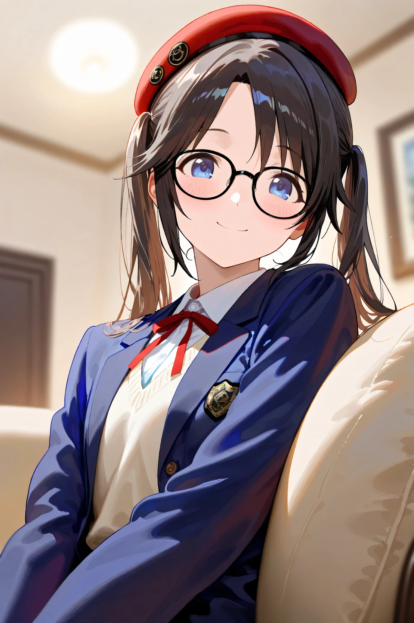 (Masterpiece), (Highest quality), (Very detailed),
(The best shape), (Best shadow), (Absurd),
(Detailed Background), (So beautiful), Shiny,
Beautiful eyes in every detail, Extraordinary, Countershading, 8k, 32K, High resolution,
Very Detailed CG, UHD,
Score_9, Score_8_up, Score_7_up, Source_anime,
(Pastel painting:1.2), (Watercolor painting:1.2),
(Masterpiece, Detailed:1.2), (Foreshortening:1.2),
Cinematic, Dramatic, (Depth of field:1.4),
(Blurry background:1.4), (Realistic background:1.4),
dynamic angle, dynamic pose, from below,
1 girl, Solo,
lndoor, Living room, Sofa, Light brown sofa, Cushion,
Mitsumine Yuika,
the idolmaster shiny colors,
yuikamitsumine, 1girl, solo, black hair, long hair, twintails, High twintails, blue eyes,
Casual wear,
Beret, Red beret, Glasses, Black framed glasses,
Blazer, Open blazer, Long sleeves blazer, (Indigo blazer:1.2),
Cardigan, Red ribbon,
(Blush:1.3),
Upper body, Portrait,
Smile, Happy, Sitting on the sofa,
Focus on face,
Realistic skin,
Shiny skin,
