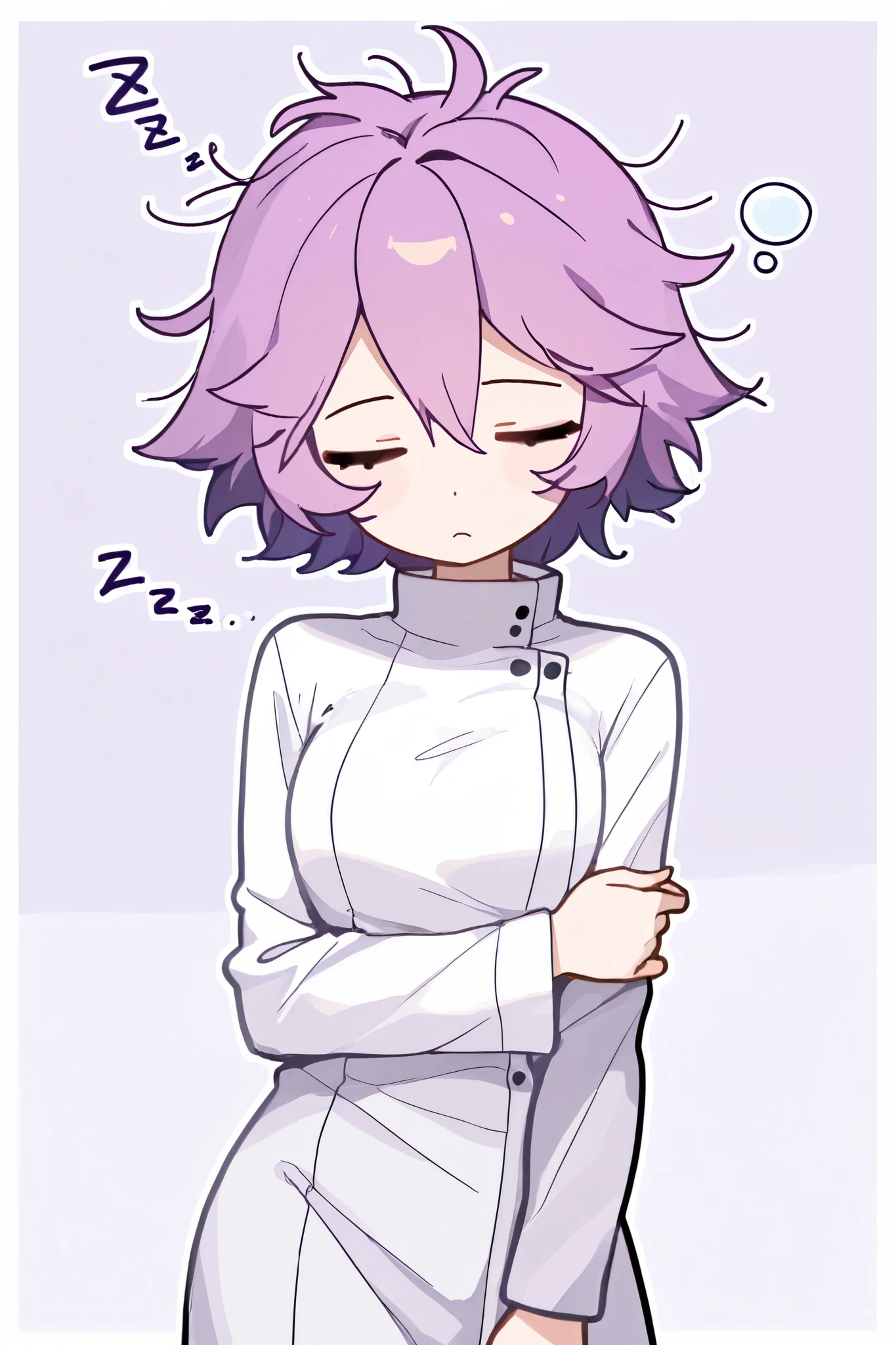 masterpiece, best quality, highest resolution, 1 girl, solo, right purple hair, short hair, messed hair, scientist, white gown, closed eyes, sleepy expression, zzz.. chibi