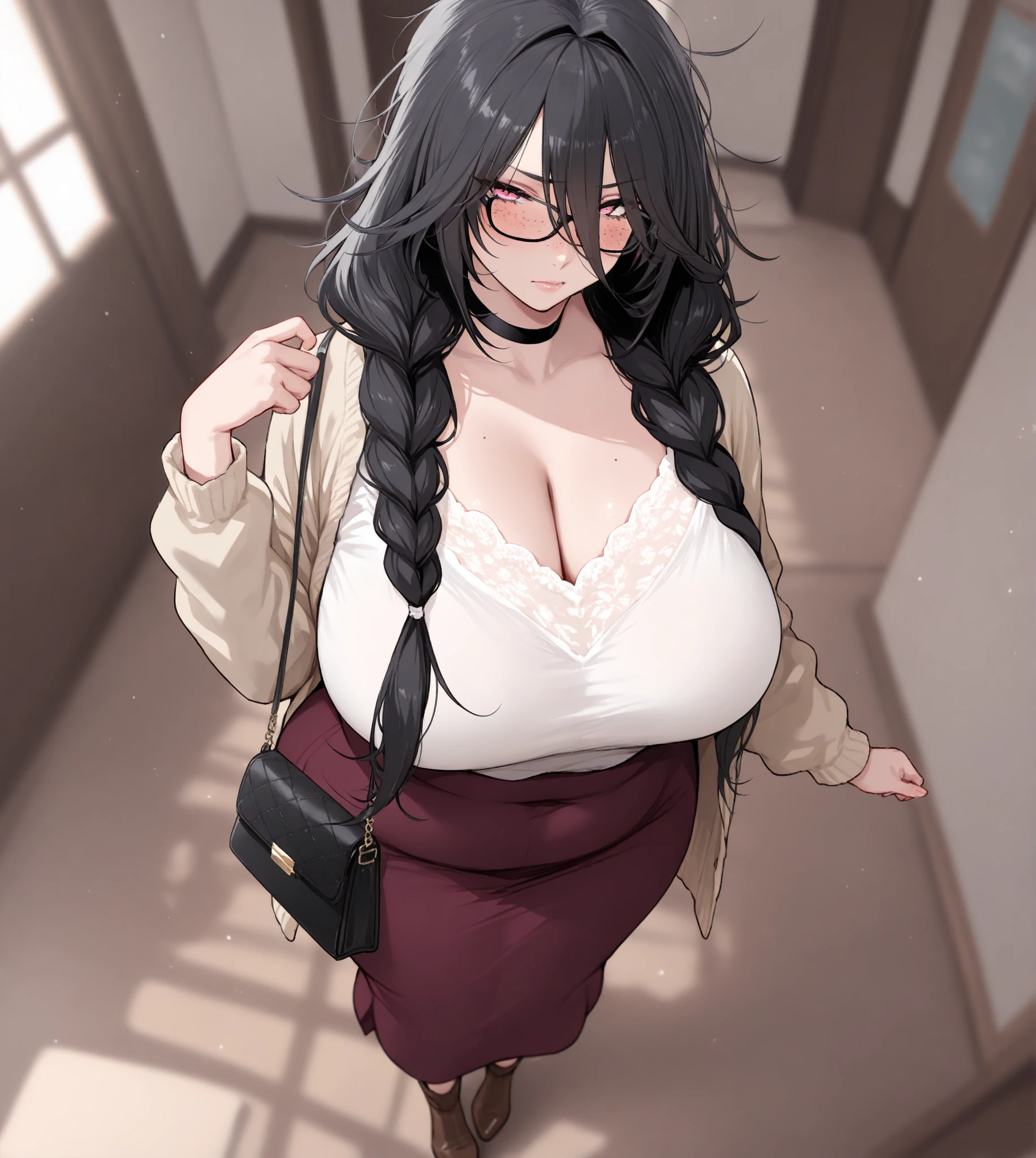 A short chubby woman wearing formal colorful dress. Glasses, long black hair, dull dark eyes. Massive breasts. Detailed Background. Portrait.