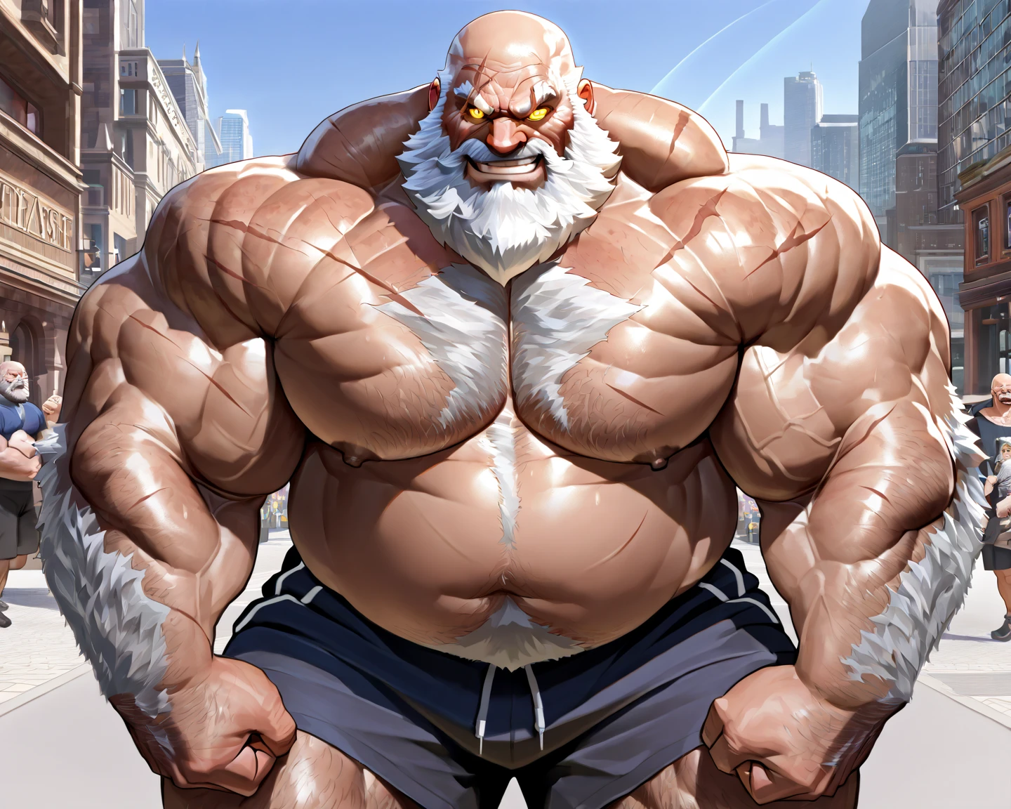 huge muscular old man, old man, massive muscle, wearing shorts, wearing jacket leather, riding motorcycle