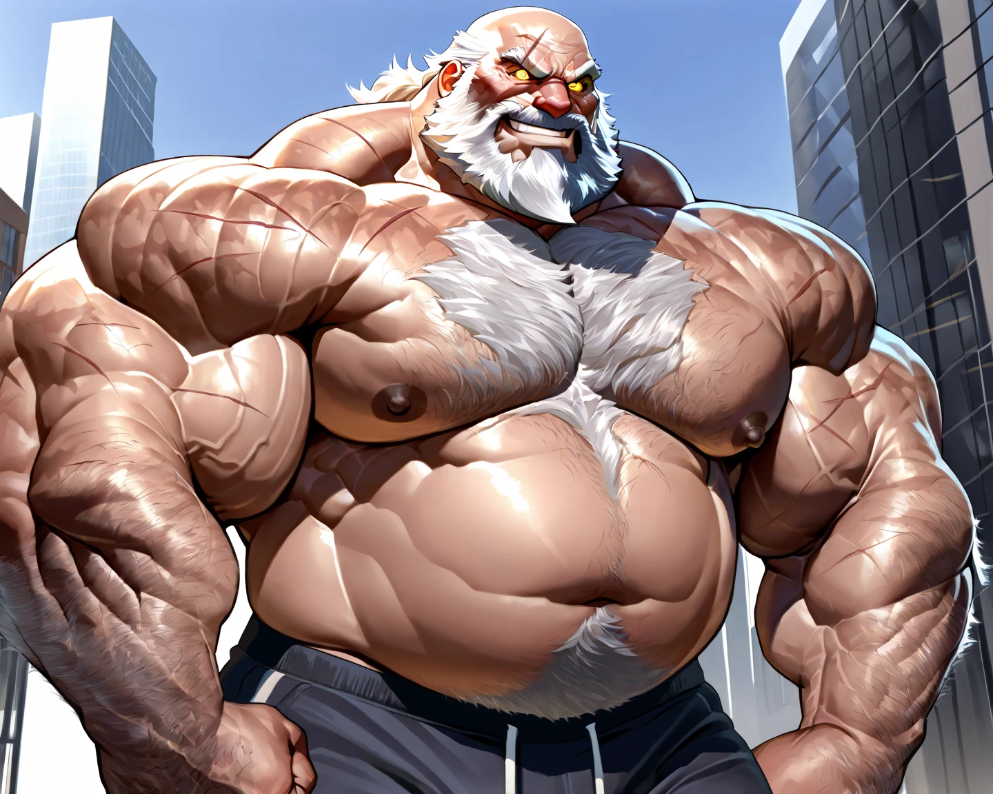 solo, 1boy, perfect anatomy, perfect proportion, smile, grinning, big eyes, happy. king, Huge Muscular Old man wearing corwn and king cloack with short hair ,(white shorts), view from side, pectoral, thick arms, huge pectoral, wide pectoral, white hair, white beards, simple background, masterpiece, semirealistic:1.2, high detailed, 8k, high resolution, perfect center, full view. ((really big muscle, massive muscular, sixpack, thick arms, wide pectoral, super huge muscle, hyper muscular, over sized muscle, huge arms, big arms, huge pectoral))