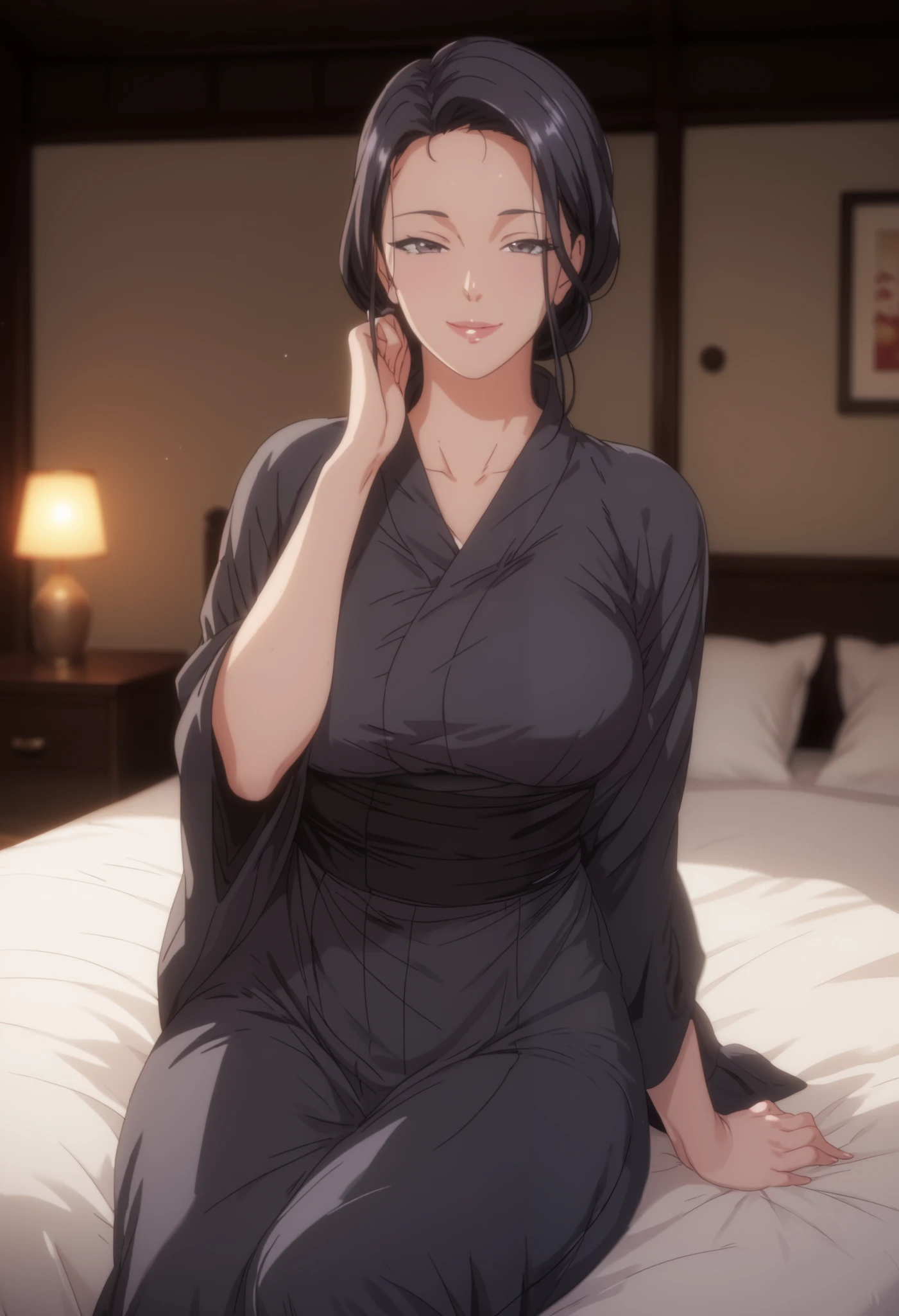 ( mature woman :1.4), 50 years old, Captivating smile, black hair, up hair, Japanese-style bedroom,   Black Kimono, sitting on bed