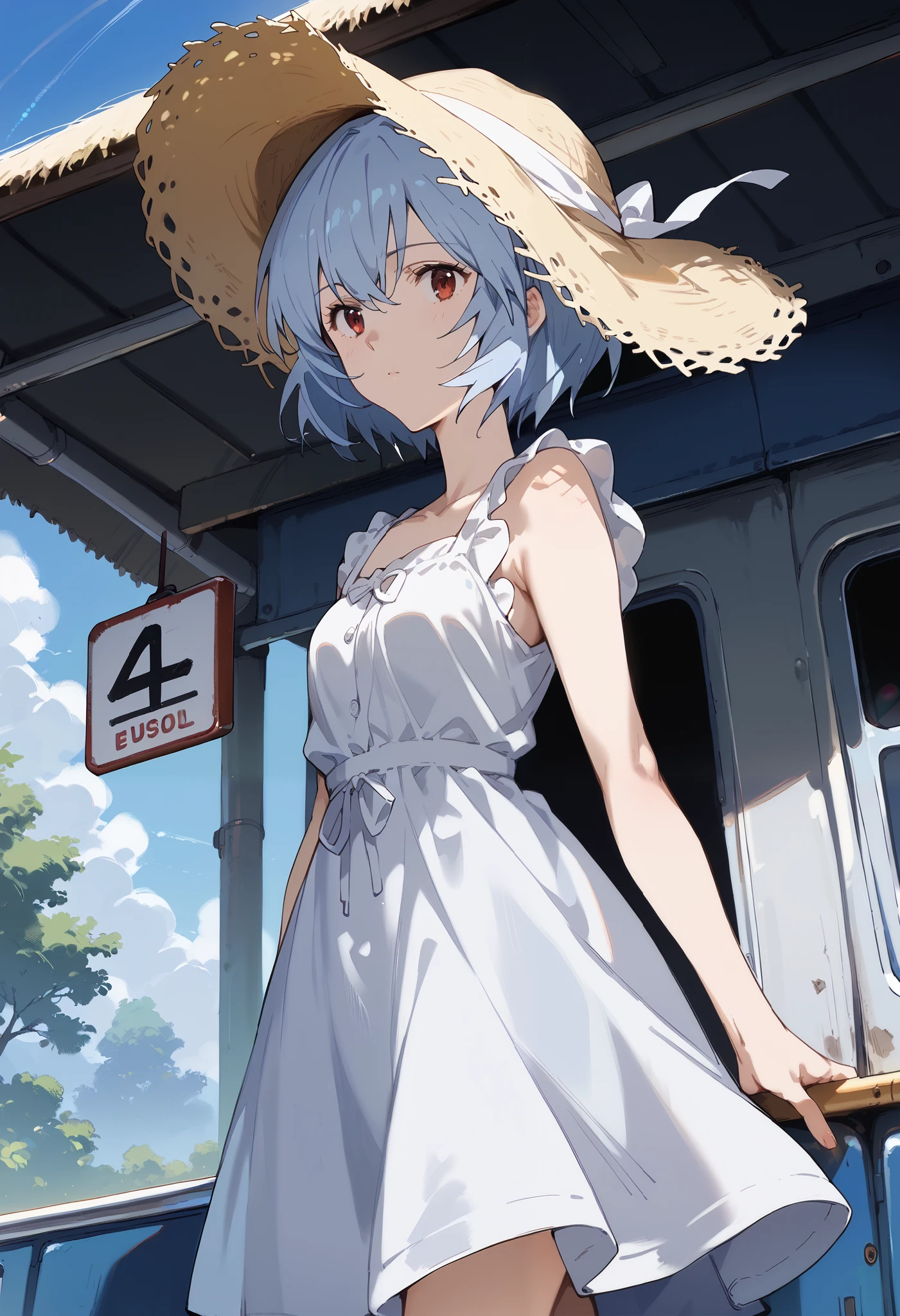 score_9, score_8_up, score_7_up, score_6_up, score_5_up, score_4_up,dutch angle,r31ayanam1, 1girl,red eyes,blue hair,short hair,sundress,straw hat,lens flare,bus stop,nature,
