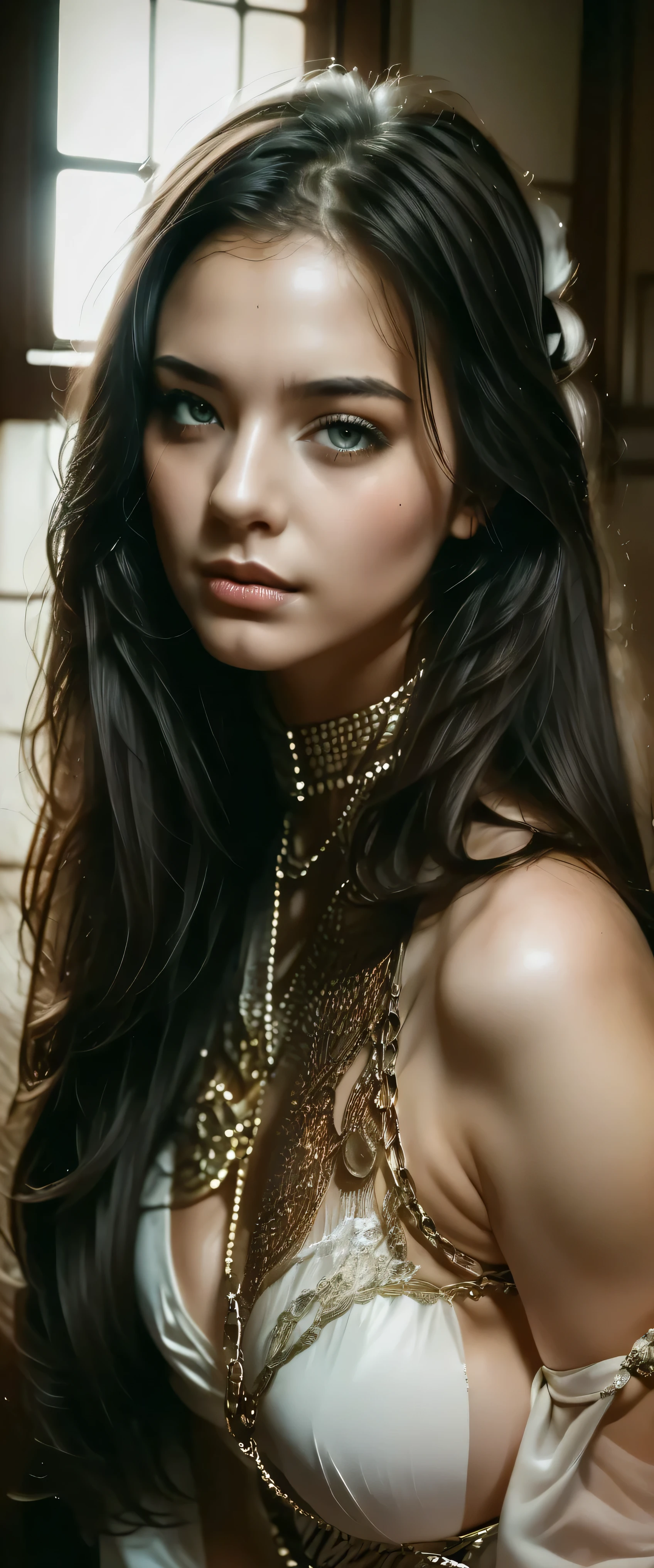 Detailed, artistic portrait of a kinkabu woman, beautiful facial features, serene expression, elegant posture, long flowing hair, traditional kinkabu attire, ornate jewelry, warm ambient lighting, photorealistic, 8K, highly detailed, vibrant colors, cinematic lighting, award-winning digital art
