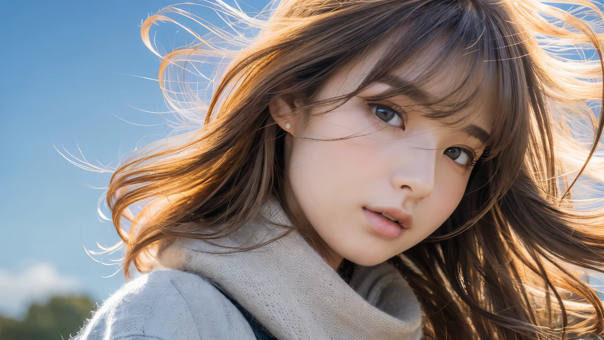 ((hair blowing in the wind、No makeup:1.2))、(realistic、Photoreal、super detailed、best detailed skins、highest quality、masterpiece、超A high resolution)、cute russian woman、s、high school girl、young girl、1 girl、have bangs、ash blonde:1.7、double eyelid、drooling eyes、Japanese style face、purity、realistic肌タイプ、thick muffler、Gray muffler、fluffy hair、((There's hair in the scarf:1.3))、red cheeks、The wind is blowing、It's snowing、night、illumination、lighting from behind、hair blowing in the wind