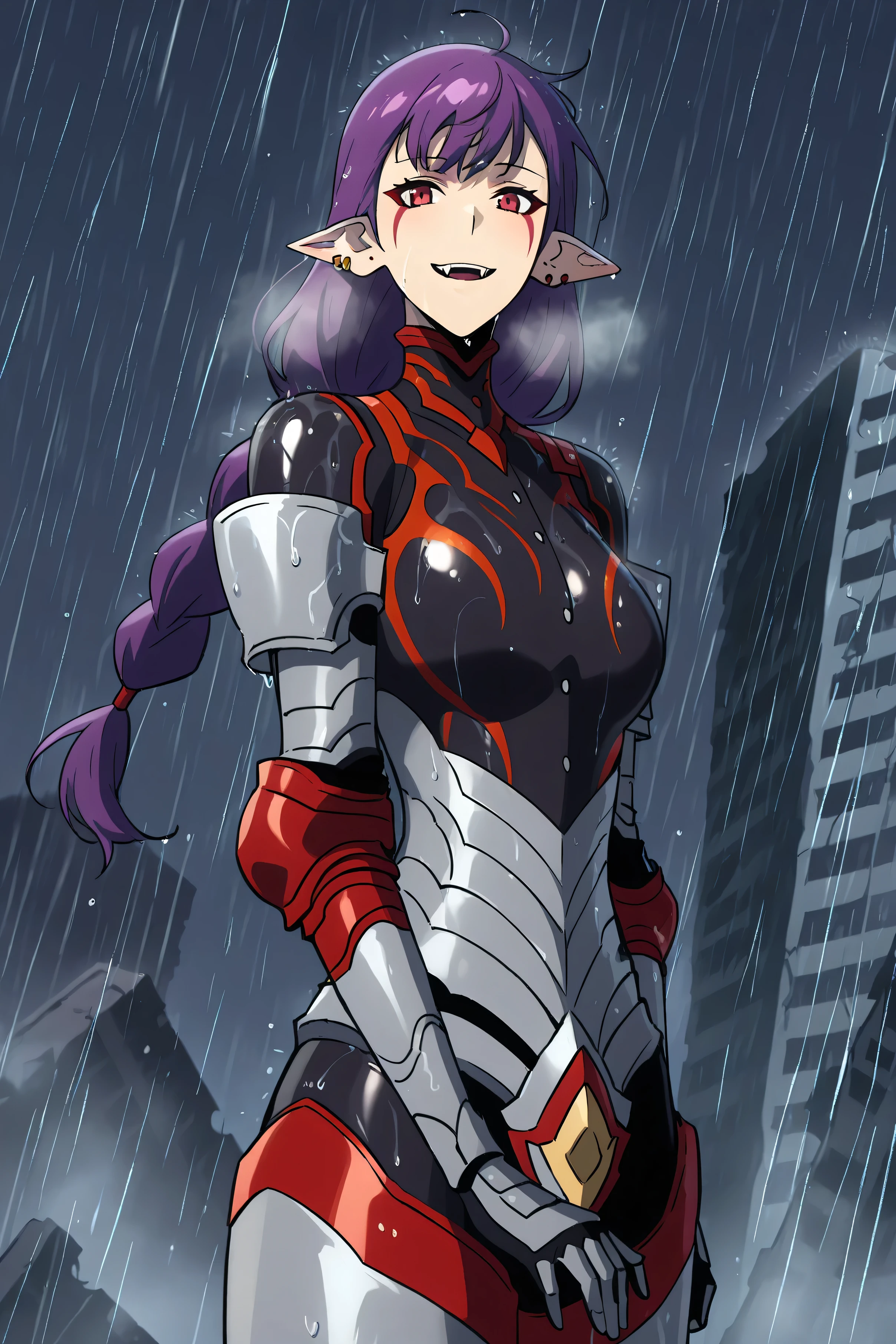 score_9, score_8_up, score_7_up, score_6_up, source_5_up, source_4_up, highly detailed, anime_source, anime_screencap, anime coloring, rating_explicit, masterpiece, best quality, amazing quality, very aesthetic, seamless image fusion, Best Quality, Super fine, 16k, incredible resolution, extremely detailed, Delicate and dynamic, Cool and beautiful woman, (Extremely luxurious and resplendent brilliance), anime screencap, masterpiece, best quality, 1girl, solo, fangs, floating hair, long hair, single large braids, purple hair, red eyes, facial mark, pointy ears, earrings, EsilGreyArmor, black bodysuit, red trim, buttons, grey armor, blue elbow pads, gauntlets, greaves, wet clothes, wet hair, wet, standing, looking at viewer, cowboy shot, ruins, steam, dark, strom, rain, raining, blurry background, big juicy ass, sexy body, blush, big breast, NSFW, seductive smile, naughty face, horny, heavy breathing, beautiful eyes, beautiful face, perfect eyes, perfect face, model looks, model pose, same round eyes, perfect pupils, same pupils round and large