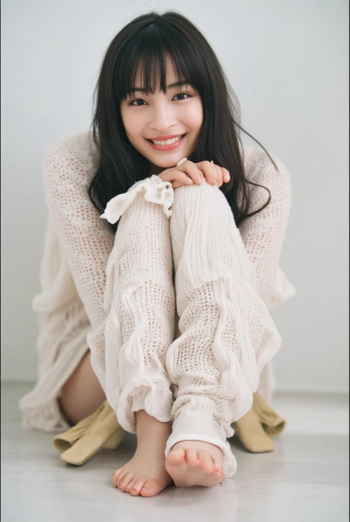 (8k, raw photo, best quality, masterpiece:1.2), (realistic, photo realistic:1.37),perfect anatomy,
Japanese woman,black hair,27 years old,
(slender),
(small breasts best quality),
nsfw,smiling, sitting on the floor, curly hair, ((Wearing white panties)),(gray skirt:1.0), (white sweater:1.0), closeup shot, front view