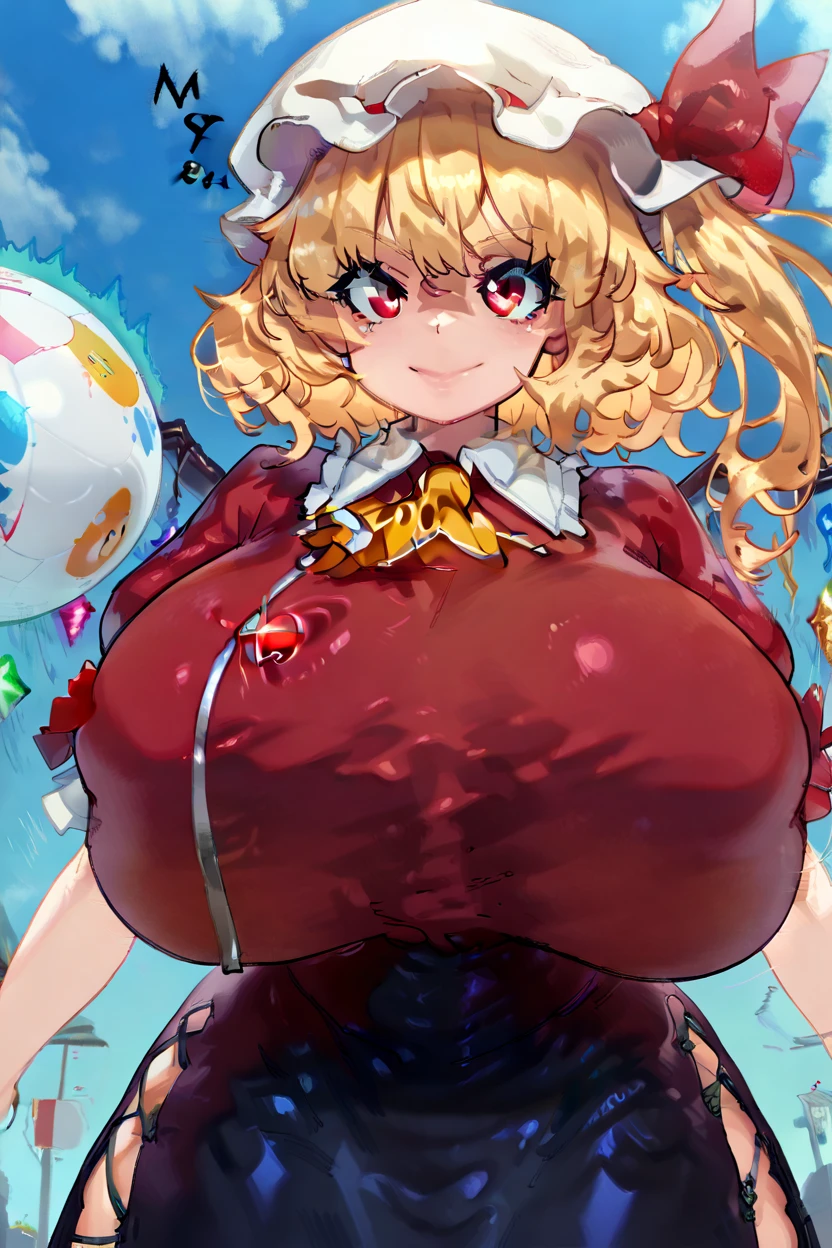 character with blonde hair and a red shirt with a castle in the background, bust, chest up bust shot, big breasts!, big breasts!!, 3/4 bust, sfw huge breasts, really large bosum, bust shot, fluffy chest, very large bosum, with a large breasts, bust view, large breasts, big breasts, really large bust