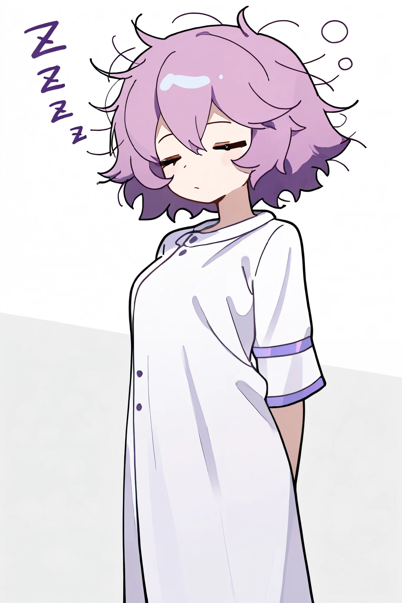 masterpiece, best quality, highest resolution, 1 girl, solo, right purple hair, short hair, messed hair, scientist, white gown, closed eyes, sleepy expression, zzz..  chibi style