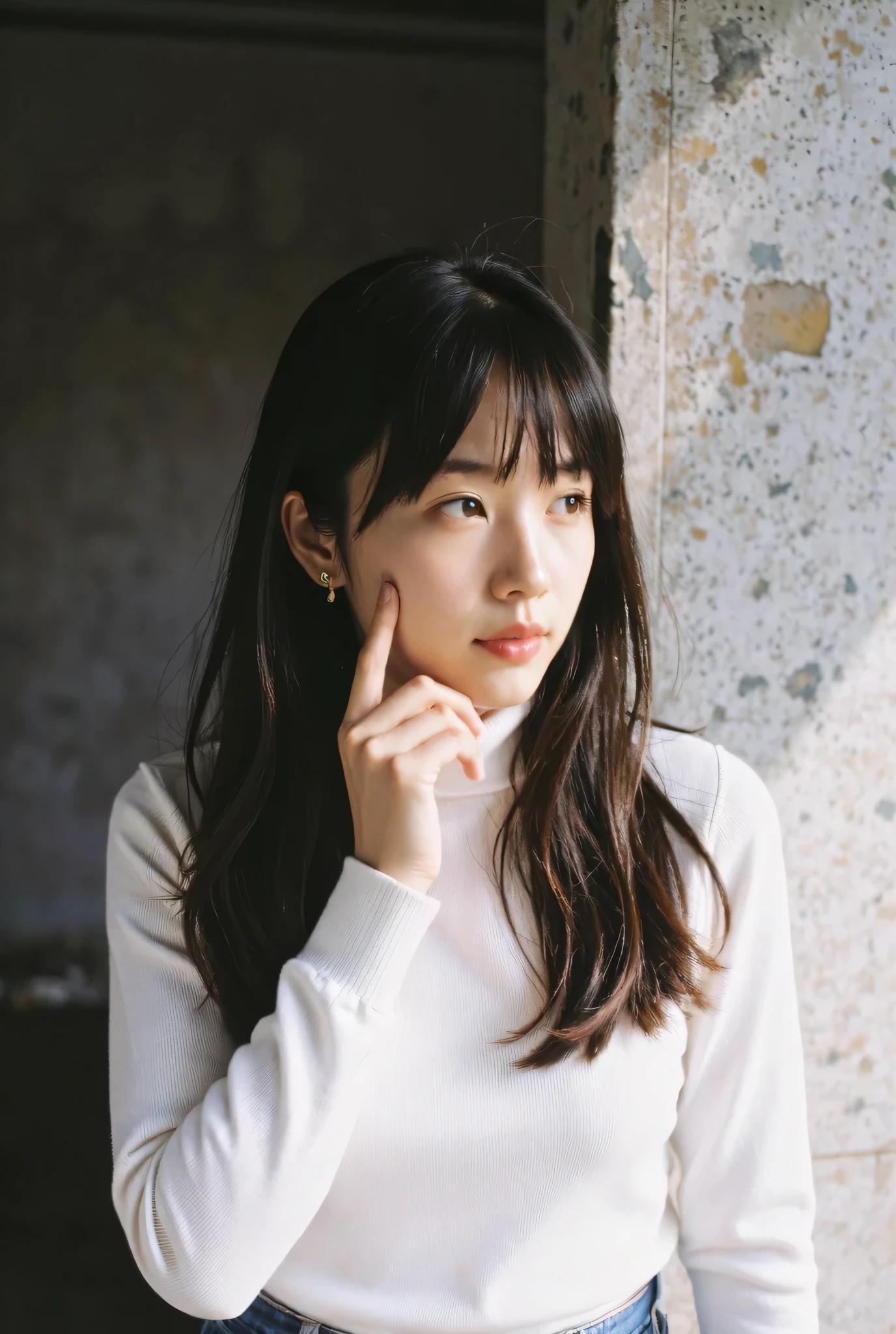 best quality, 1 beautiful woman, 2, S, 20mm Lens , concrete background、Mortar style background、thick white turtleneck knit、Mortar wall,from below、 straight hair 、 straight hair 、shiny hair,smooth hair in a Japanese-style room without windows、brown、Hair Color、denim pants、put your hand on your chin、Thick bangs