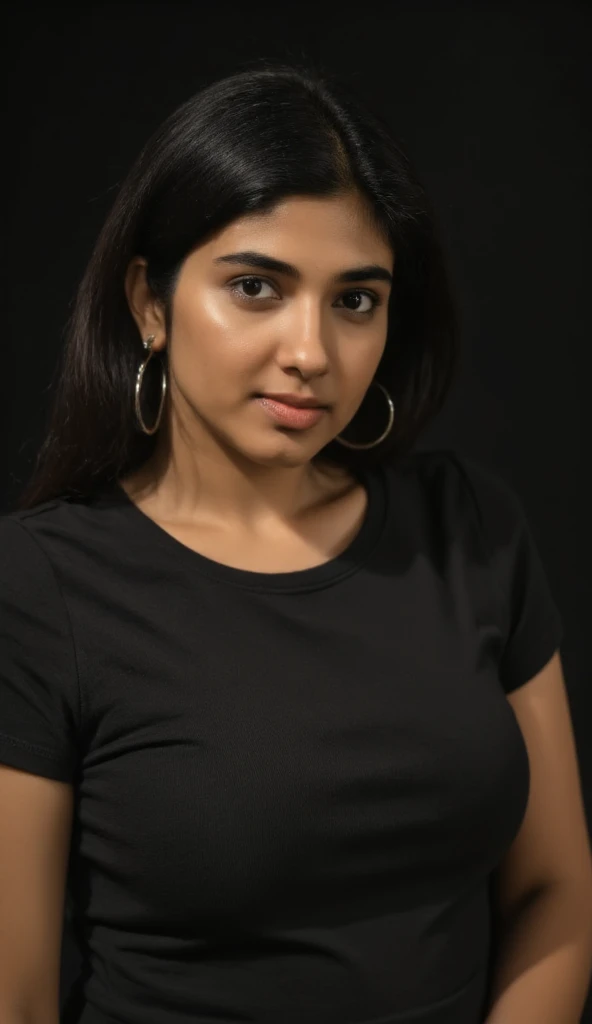Portrait of a stunning Indian woman with piercing brown eyes and long flowing black hair, dressed in a black T-shirt, super realistic, intricate details in clothing and facial features, studio lighting for greater depth and realism, looks straight into the camera, full face