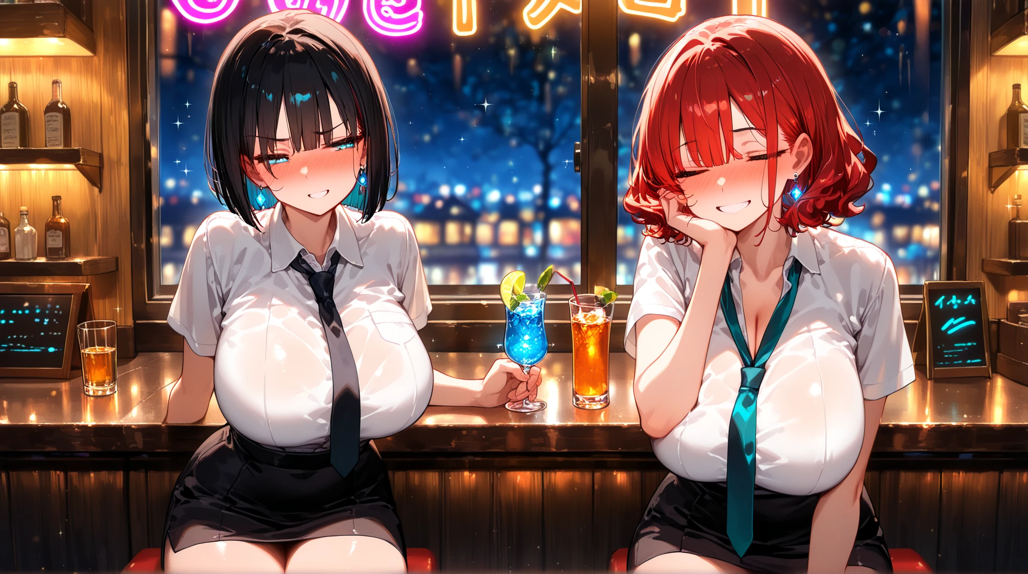 Female duo,Light clothing,Unbuttoned,Midnight,Adult atmosphere,Seaside restaurant