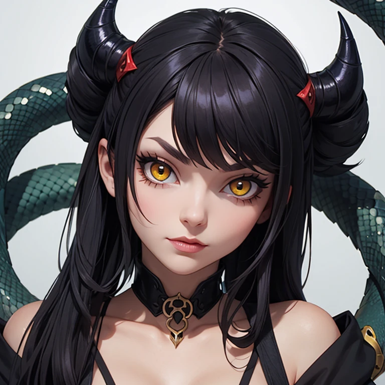 Tekken-style female character, yellow eye irises like a snake's, short black gothic style hair with long bangs passing from the shoulders, soft bangs on the forehead and short back haircut exposing the nape of the neck, soft cornrow near the ear with a small black rose adorning the hair, wearing elegant gothic dress