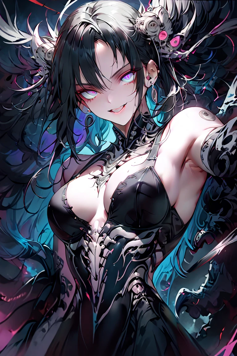 ((Biopunk art)), ((biopunk vibe)), (beautiful anime biopunk girl), (colorful skin), Sharp teeth of steel, the glowing eyes of the lamp, very long brown hair, short insect clothes, symbolize with hands, Dark cold lighting, (despise the style of video games), horror atmosphere, (existence of something terrible), Highly detailed biopunk background, Background by Hans Giger, perfect anatomy, masterpiece