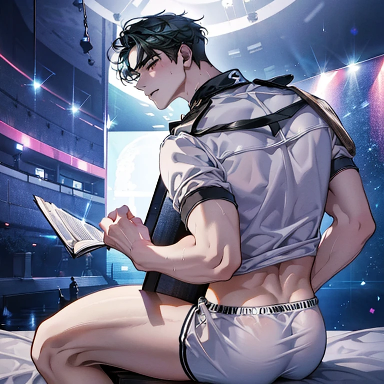 Asian boy , in a glittery thong , delicious back crack, on round chair ,