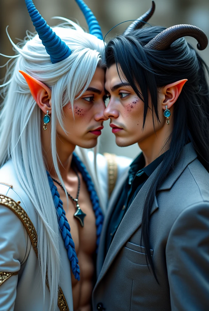 Black-haired elf emo boy kissing white-haired with wolf eyes and blue eyes