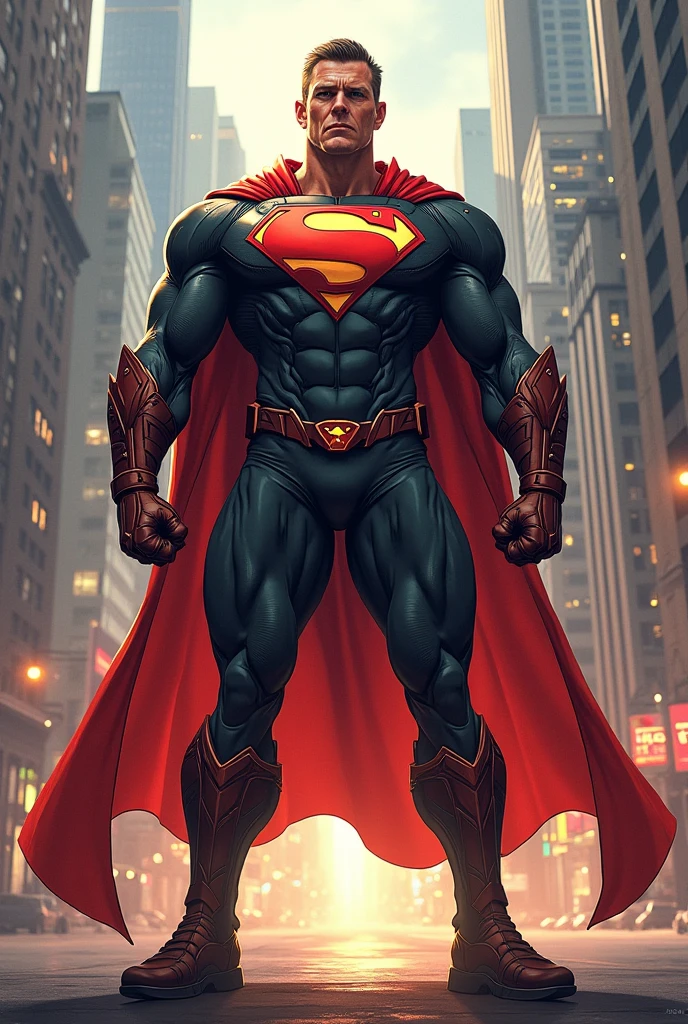 photoreal, hyperdetailed, cinematic soft focus, superman wearing an intricately detailed black costume with silver logo belt and boots and a red cape standing inside a clean space station interior
