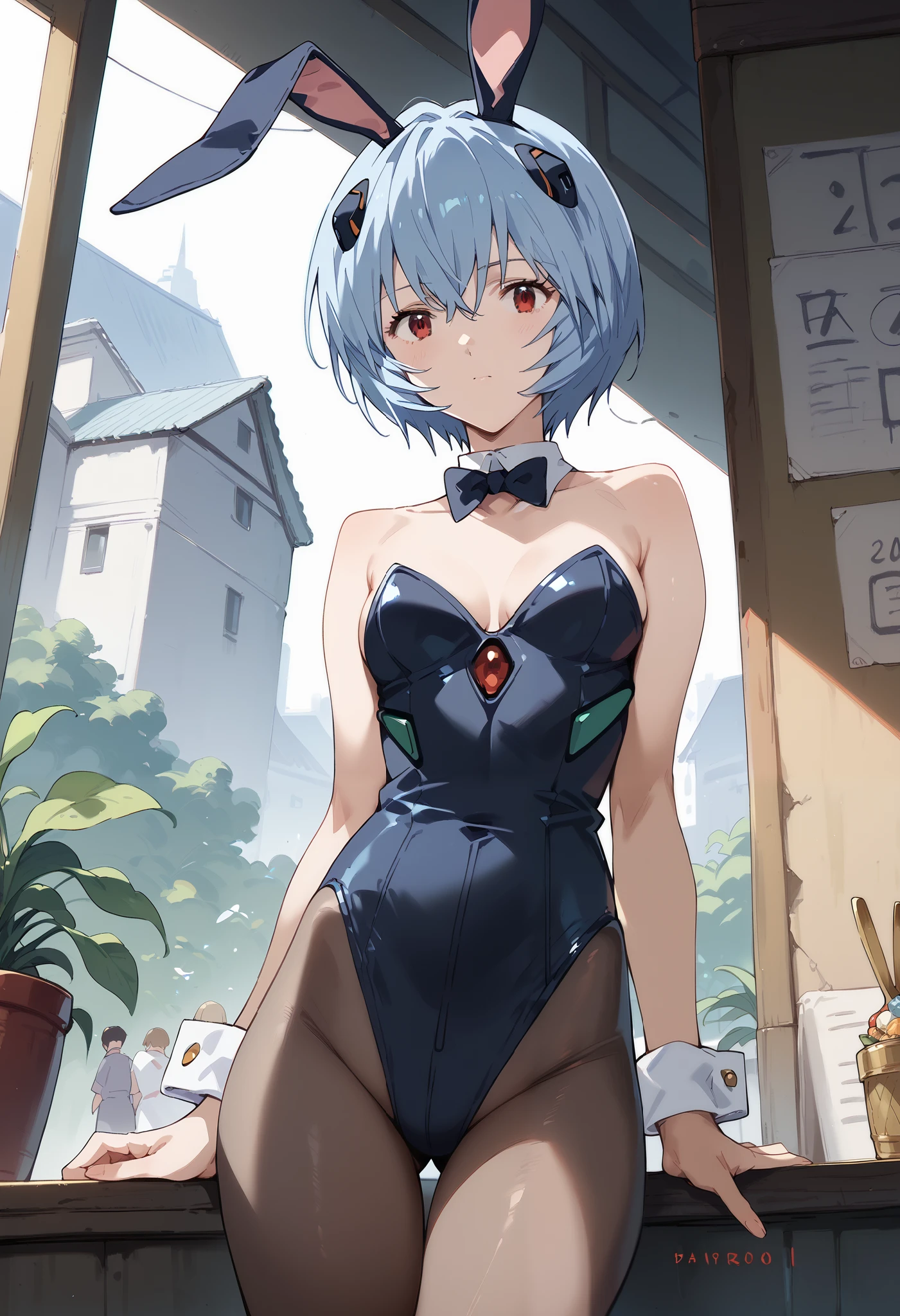 score_9, score_8_up, score_7_up, score_6_up, score_5_up, score_4_up,dutch angle,r31ayanam1, 1girl,red eyes,blue hair,short hair,playboy bunny,