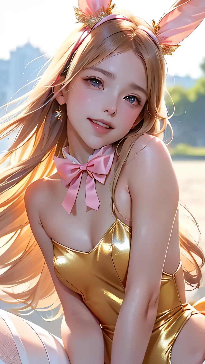 masterpiece, best quality, extremely detailed CG unity 8k wallpaper, (Upper Body head close-up shot of a beautiful ), , Elegant Long straight blonde hair, (Mckenna Grace), (flat chest,thighs), (pink-Cyan) golden (Glittering tutu,long Bunny Ear Headgear, , Bow-tie, No panties, genitals visible), (spread legs), (Blush), oil skin, (seductive smile), (Wonderland), pretty face, key art, award winning, intricate detail realism hdr, by (ruan jia and artgerm and range murata), Photorealism, Hyperrealism, ultra realistic, dramatic light, intense shadows, gorgeous view, depth of field