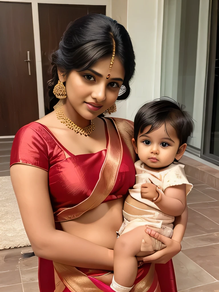 ((best quality)), ((masterpiece)), (detailed),  cute Beautiful indian woman, thin saree, with cute little baby with 8k quality ultra quality pic